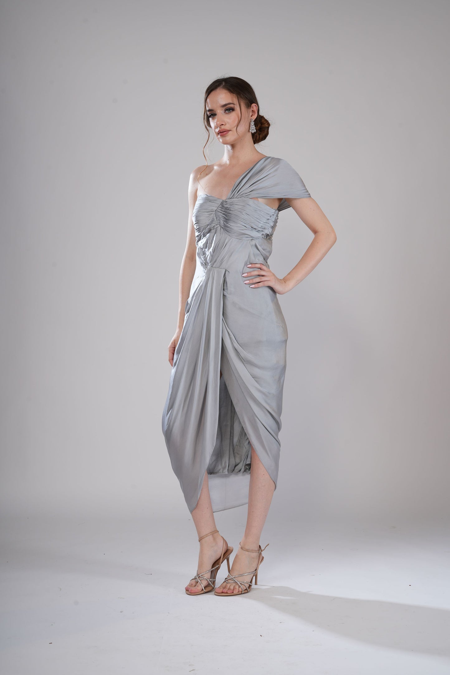 Grey One-Shoulder draped Evening Dress
