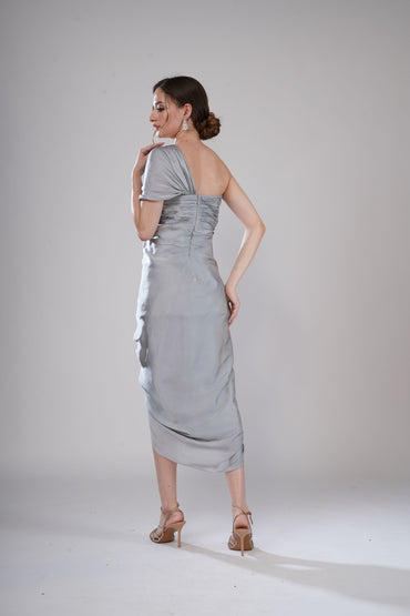 Grey One-Shoulder draped Evening Dress