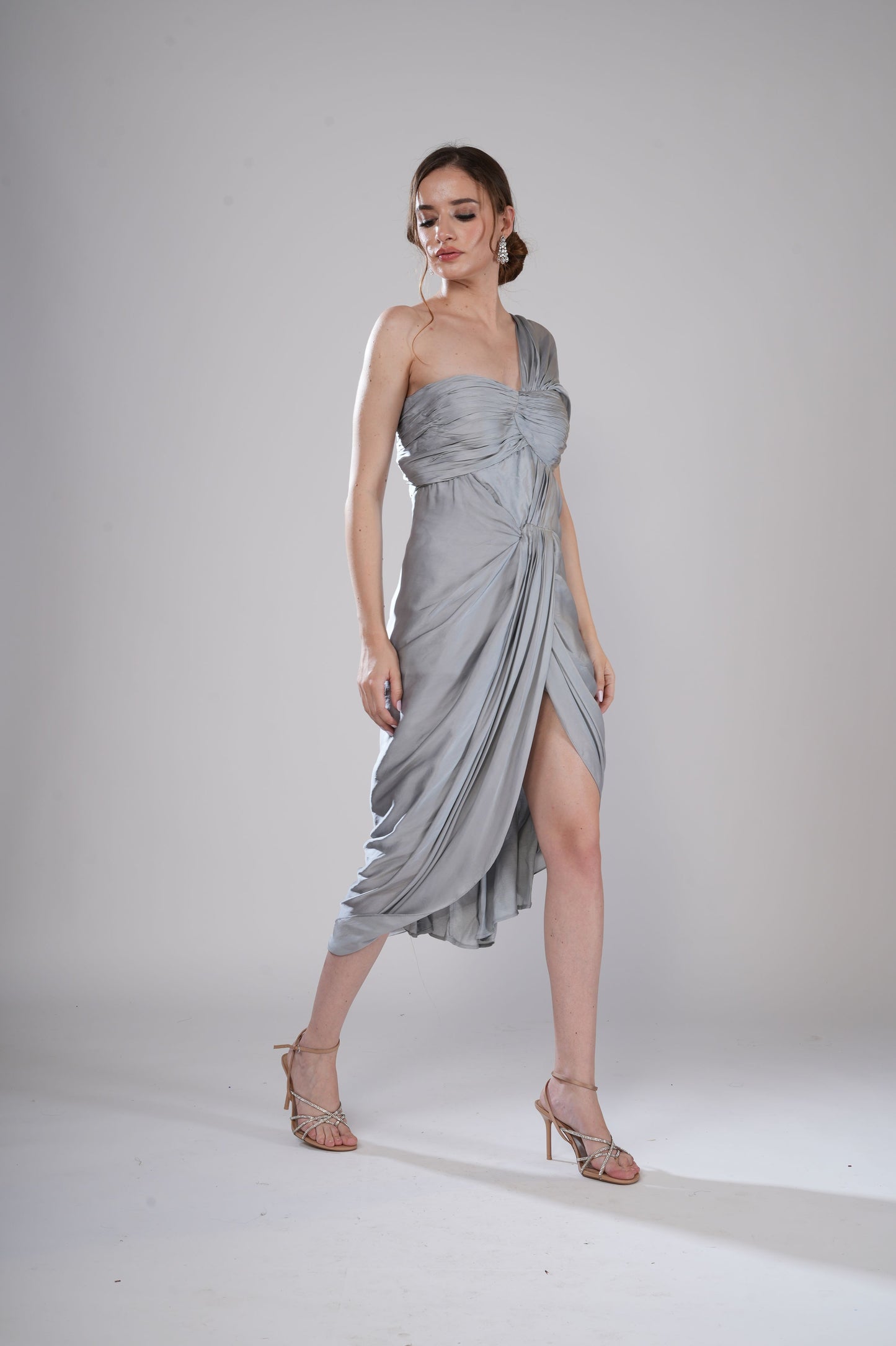 Grey One-Shoulder draped Evening Dress