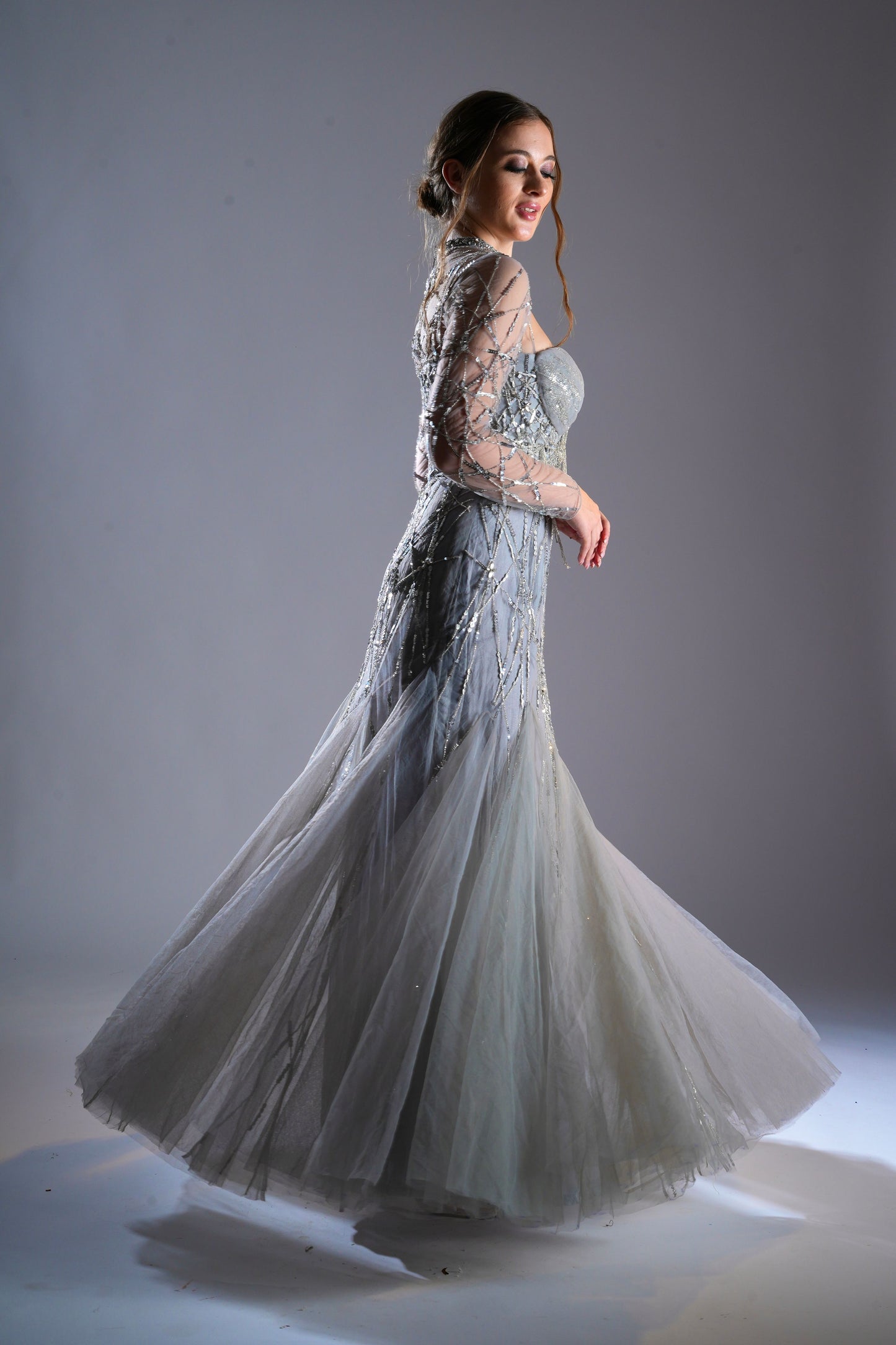 Silver Sweetheart Neckline Evening Gown with Sheer Sleeves