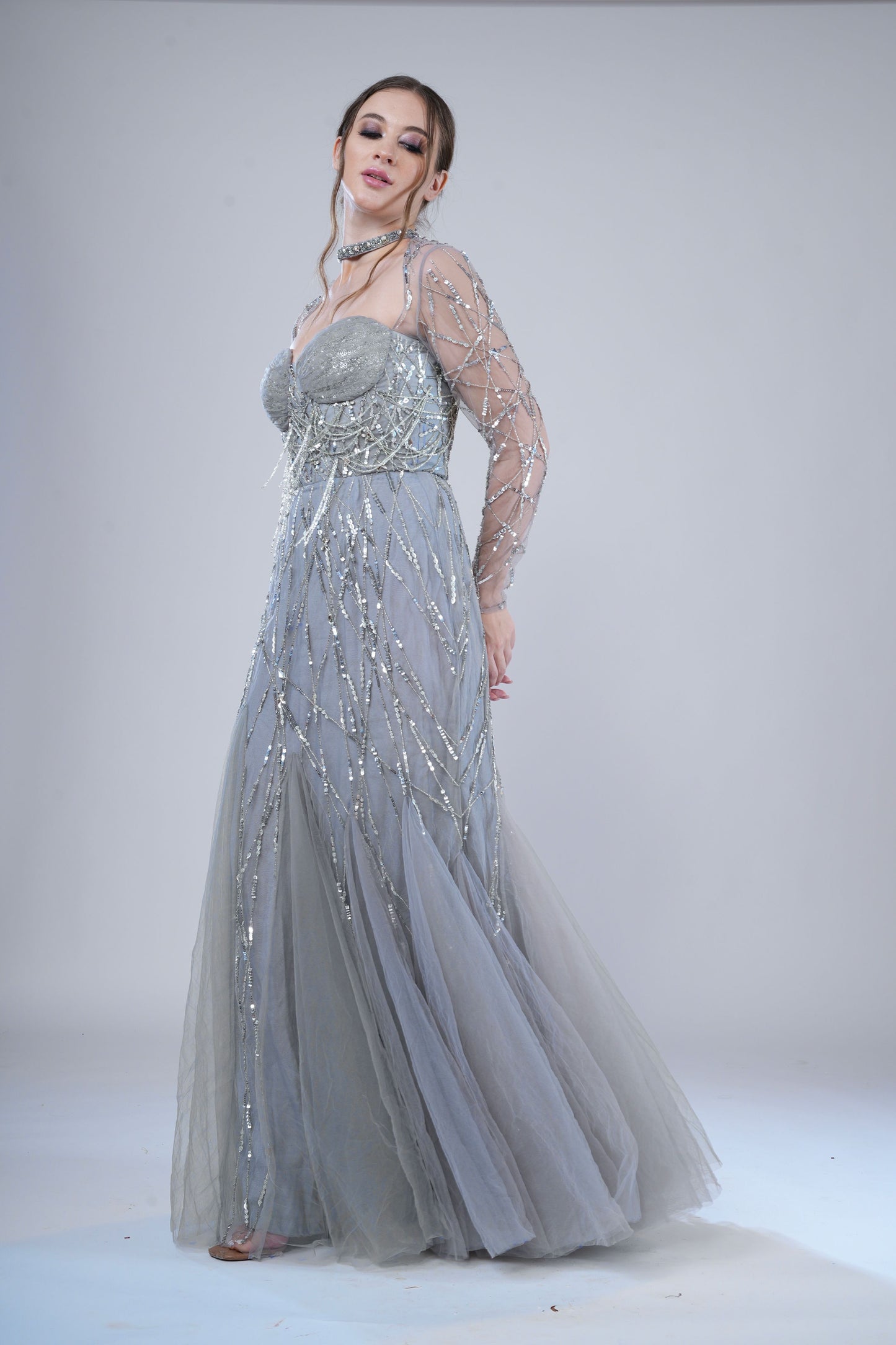 Silver Sweetheart Neckline Evening Gown with Sheer Sleeves