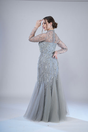 Silver Sweetheart Neckline Evening Gown with Sheer Sleeves