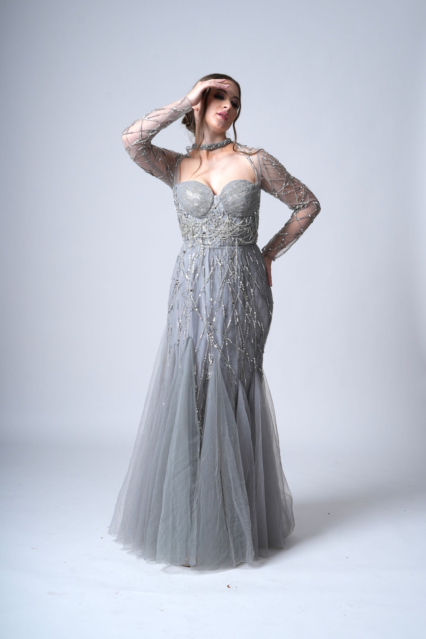 Silver Sweetheart Neckline Evening Gown with Sheer Sleeves