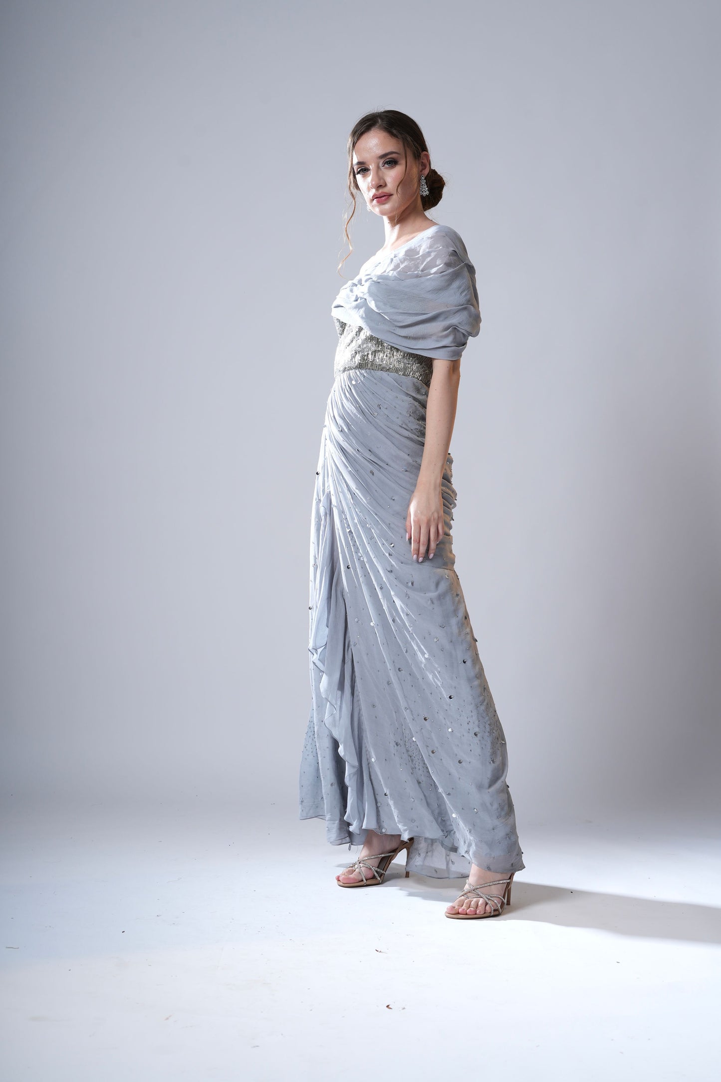 Silver Off-Shoulder draped Evening Gown with Ruffles and High Slit