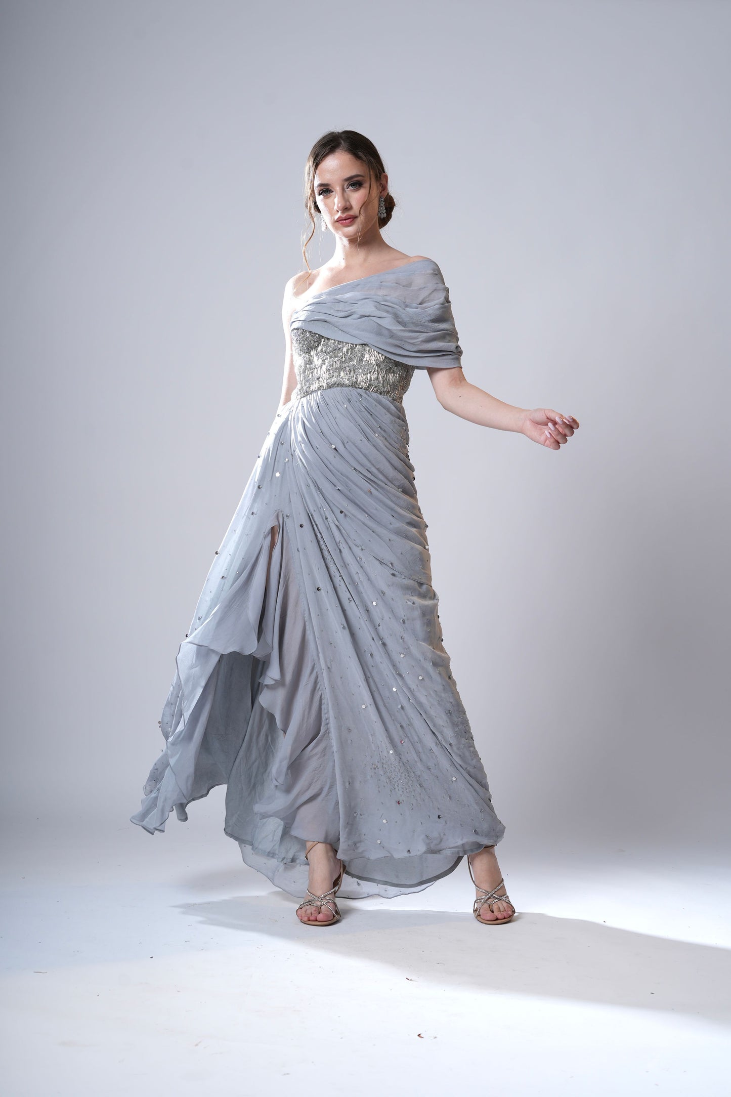 Silver Off-Shoulder draped Evening Gown with Ruffles and High Slit