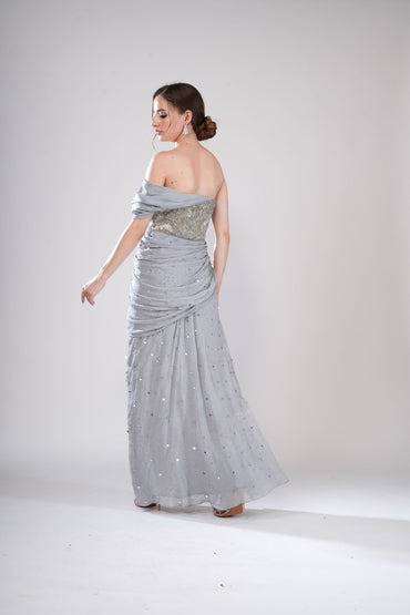 Silver Off-Shoulder draped Evening Gown with Ruffles and High Slit