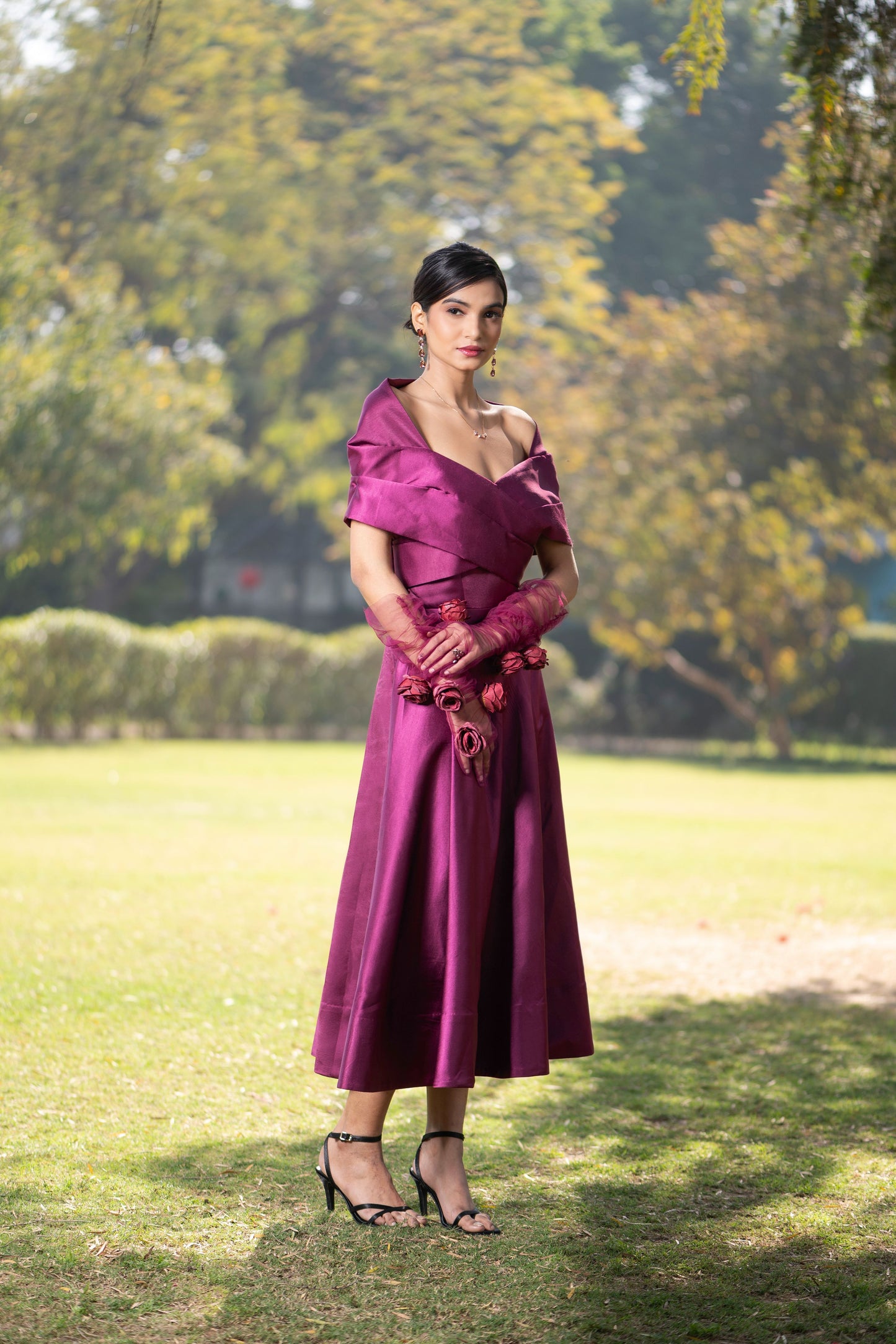 Purple draped midi dress