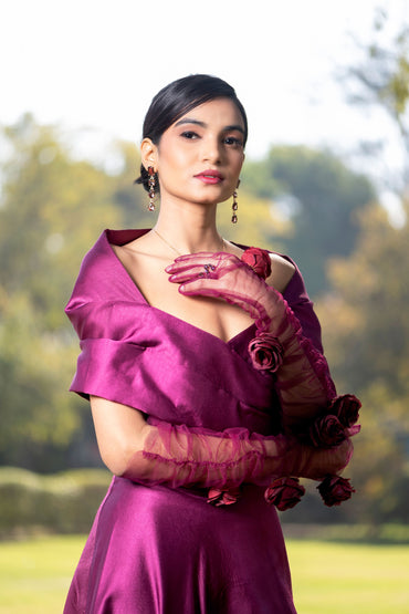 Purple draped midi dress