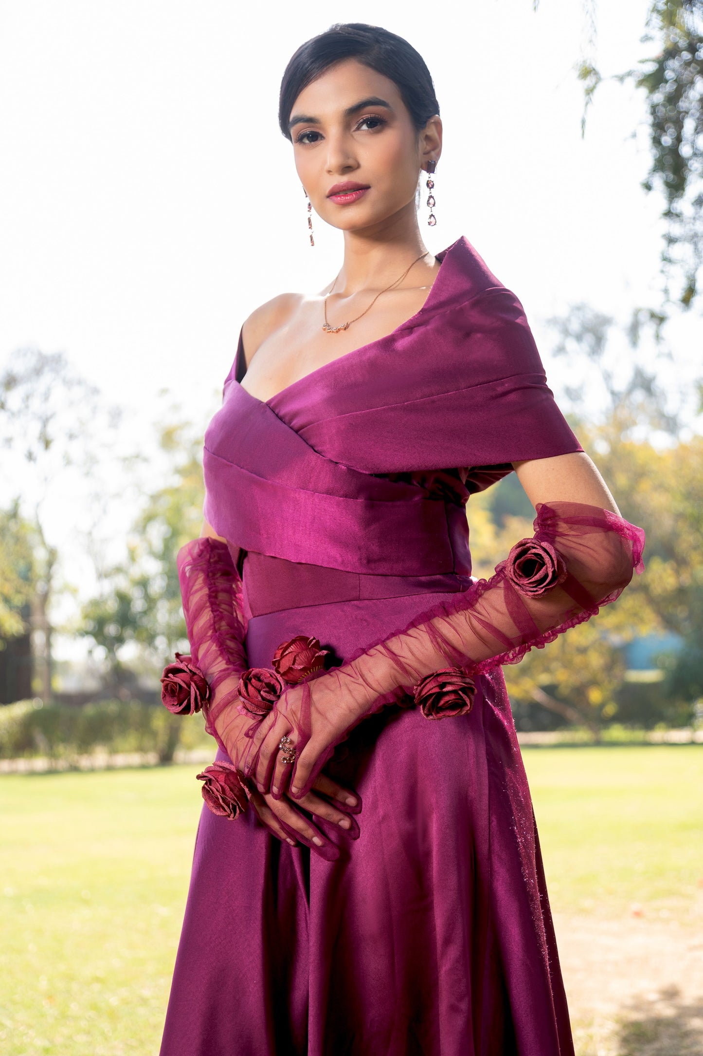 Purple draped midi dress