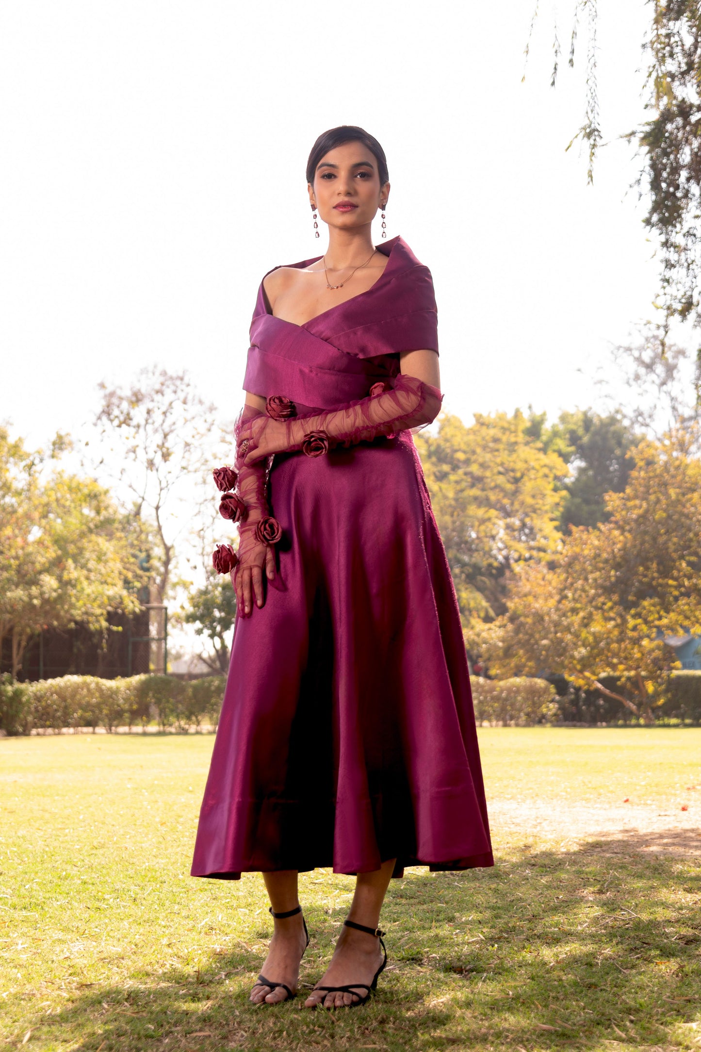 Purple draped midi dress