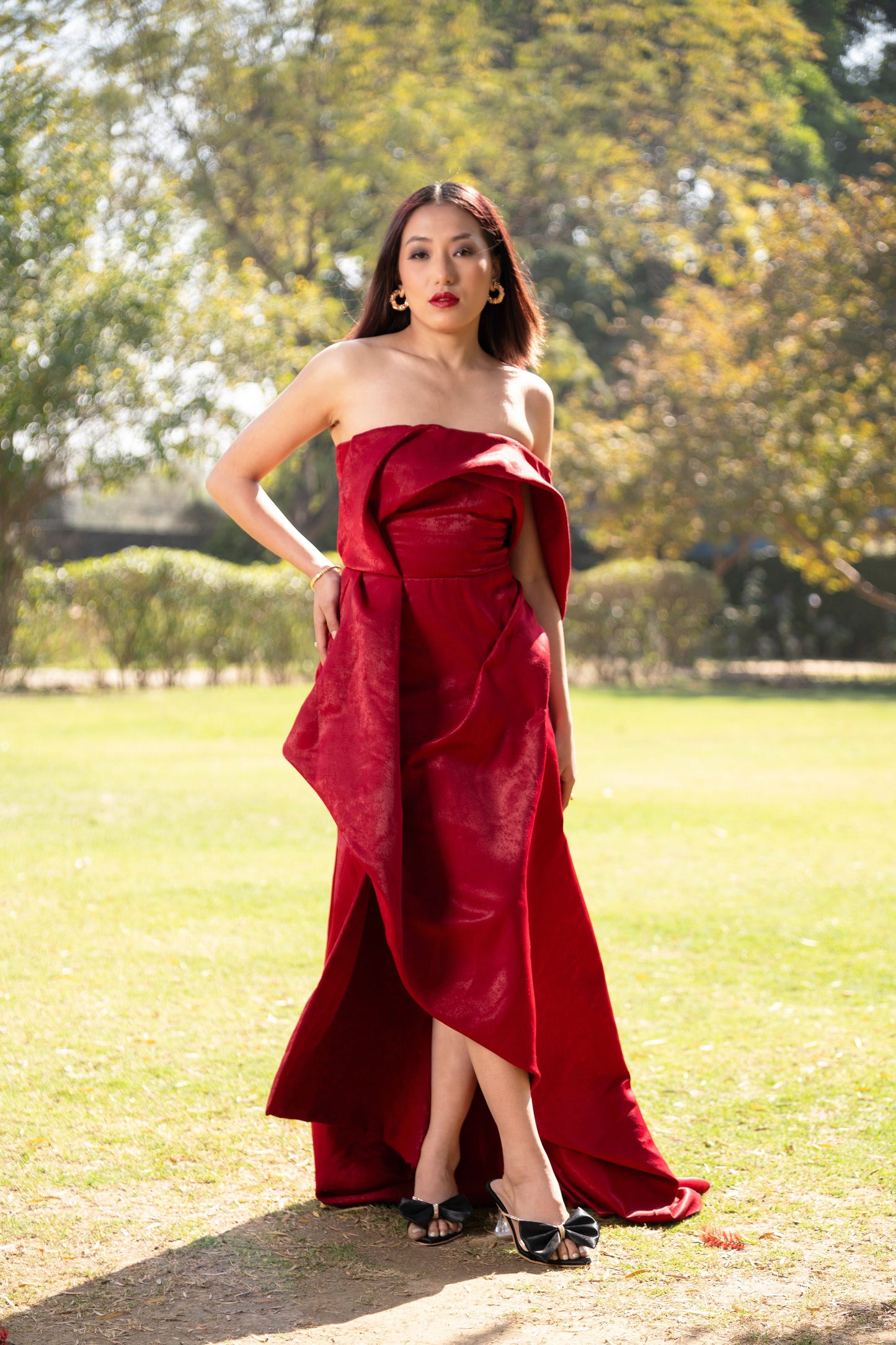 Red Draped evening gown