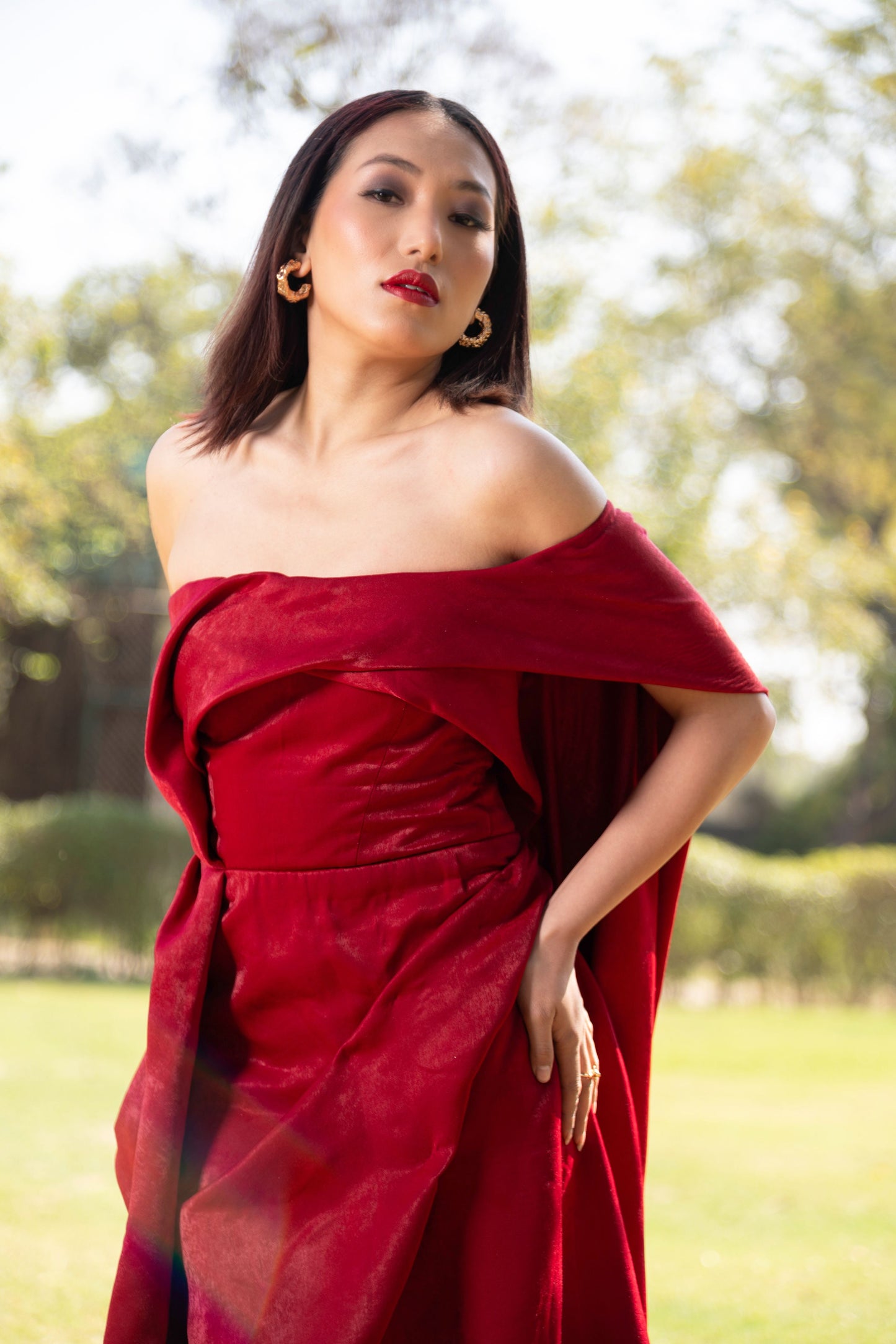 Red Draped evening gown