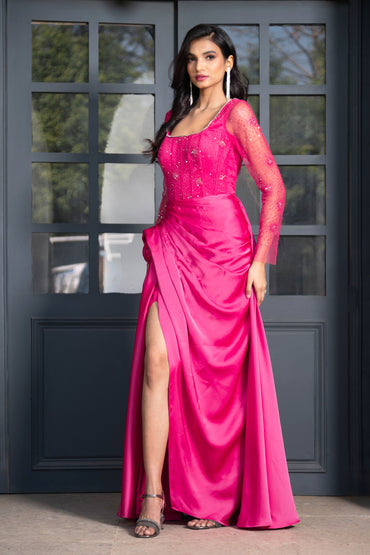 Fuchsia Embellished Draped Evening Gown