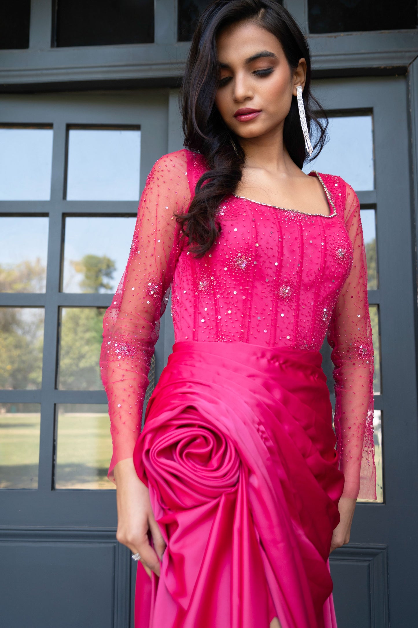 Fuchsia Embellished Draped Evening Gown