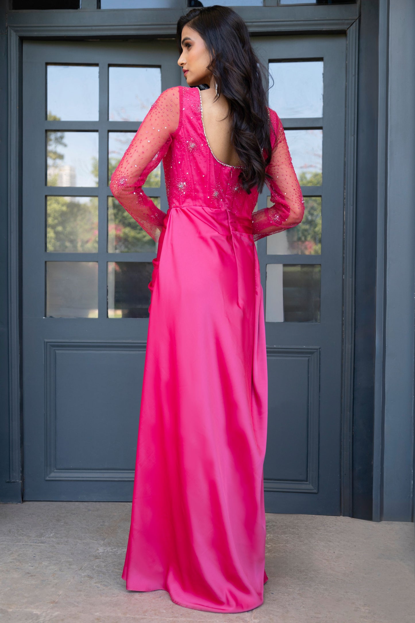 Fuchsia Embellished Draped Evening Gown