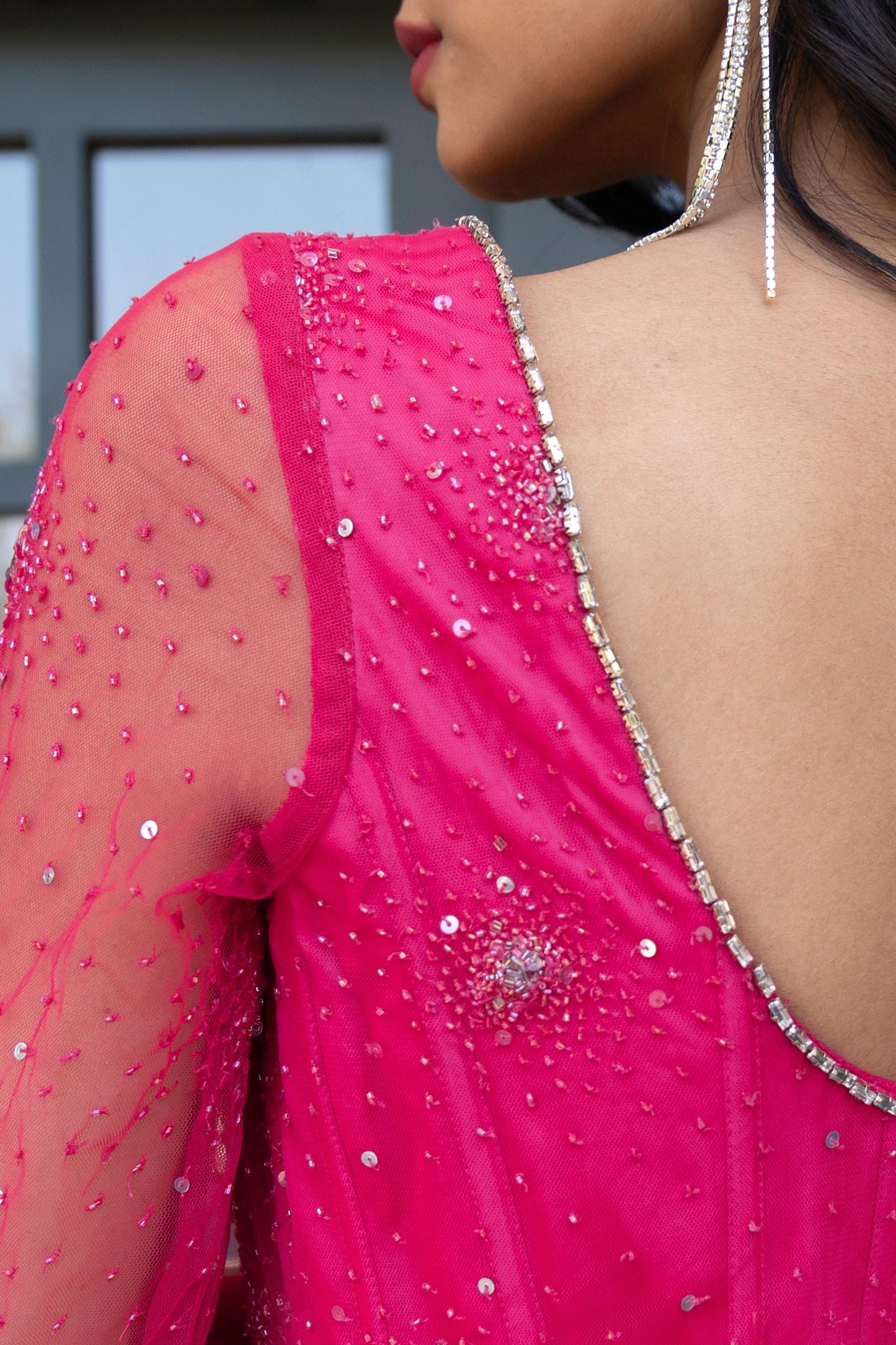 Fuchsia Embellished Draped Evening Gown