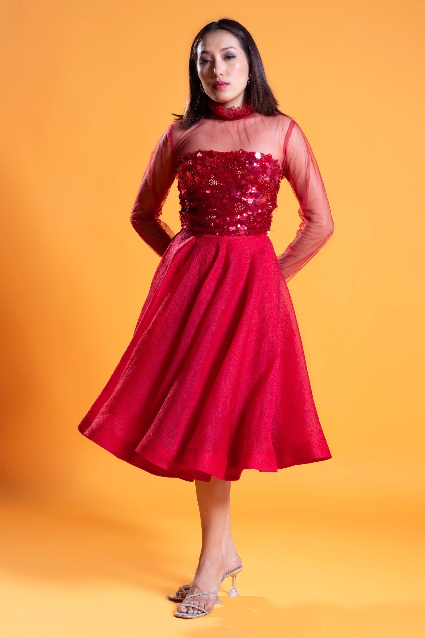 Red Flared midi skirt