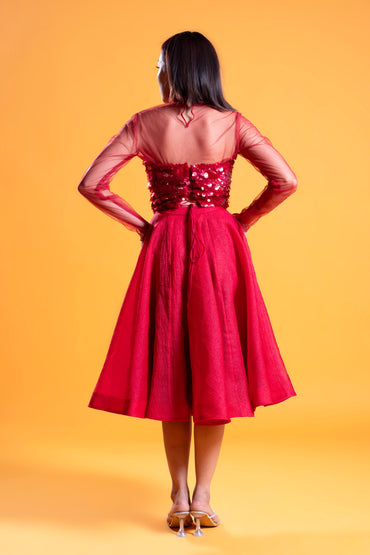 Red Flared midi skirt