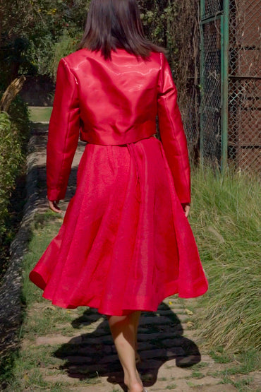 Red embroidered corset skirt jacket combo