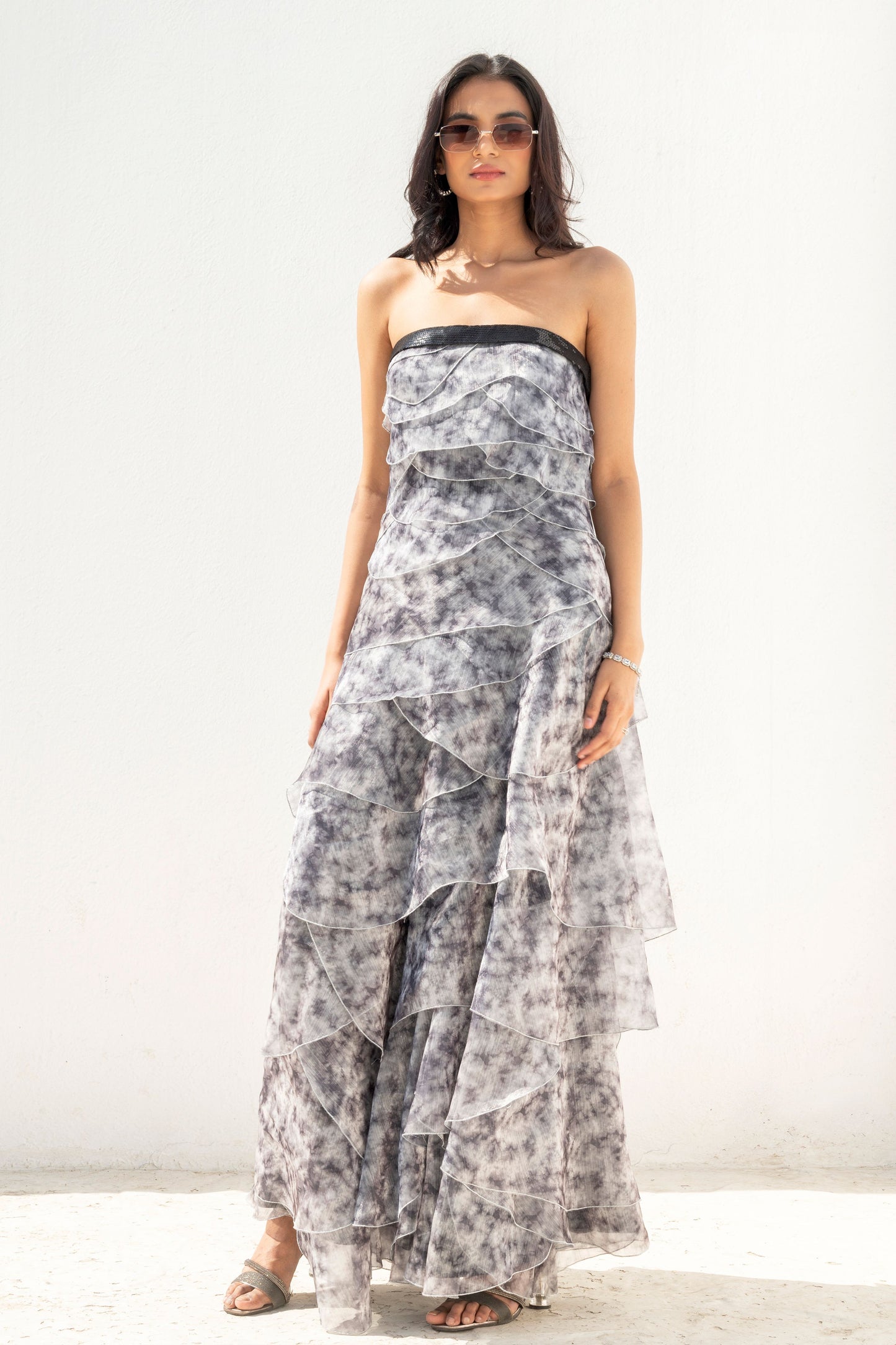 Tie dye black and white tiered dress
