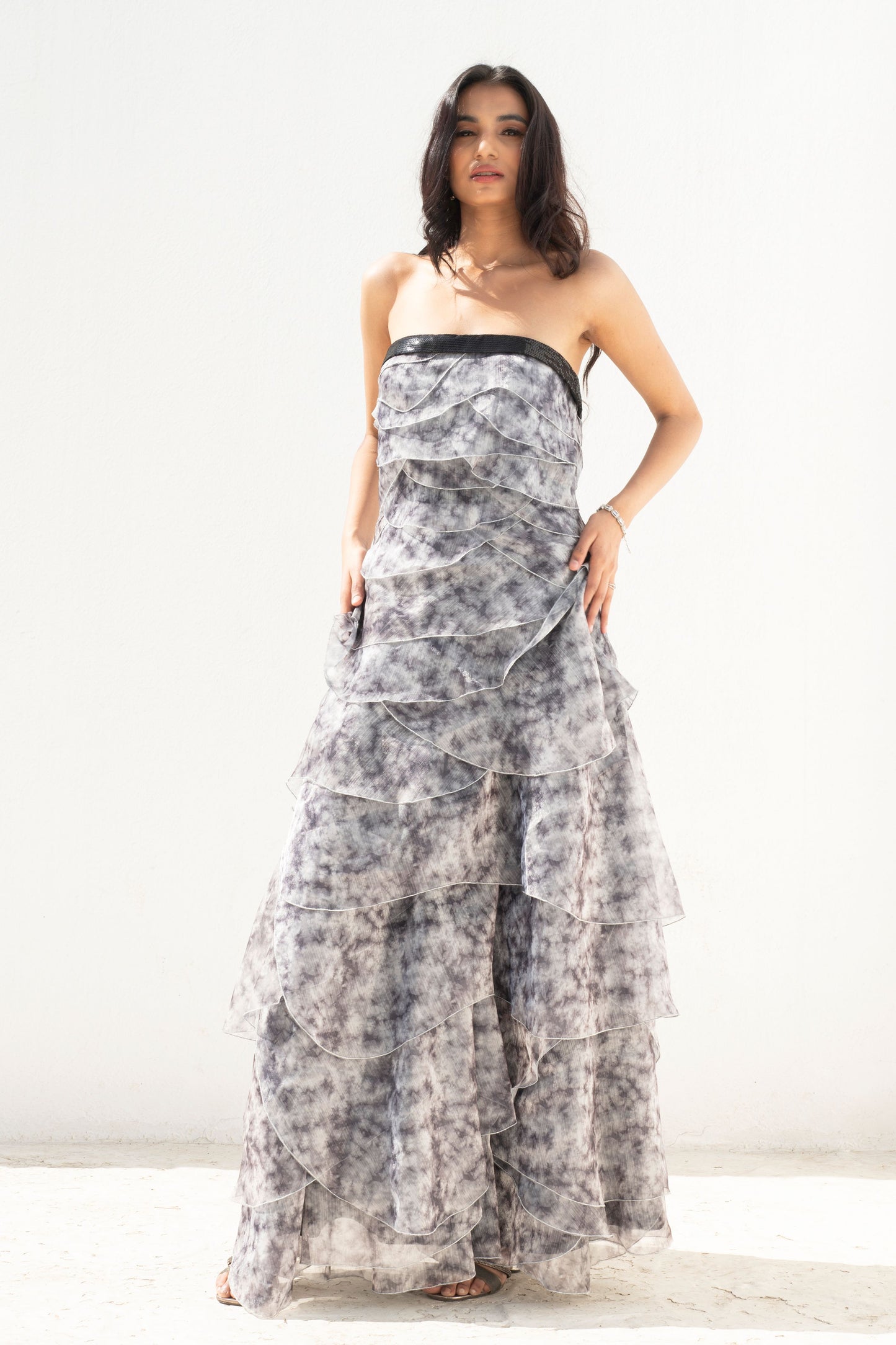 Tie dye black and white tiered dress
