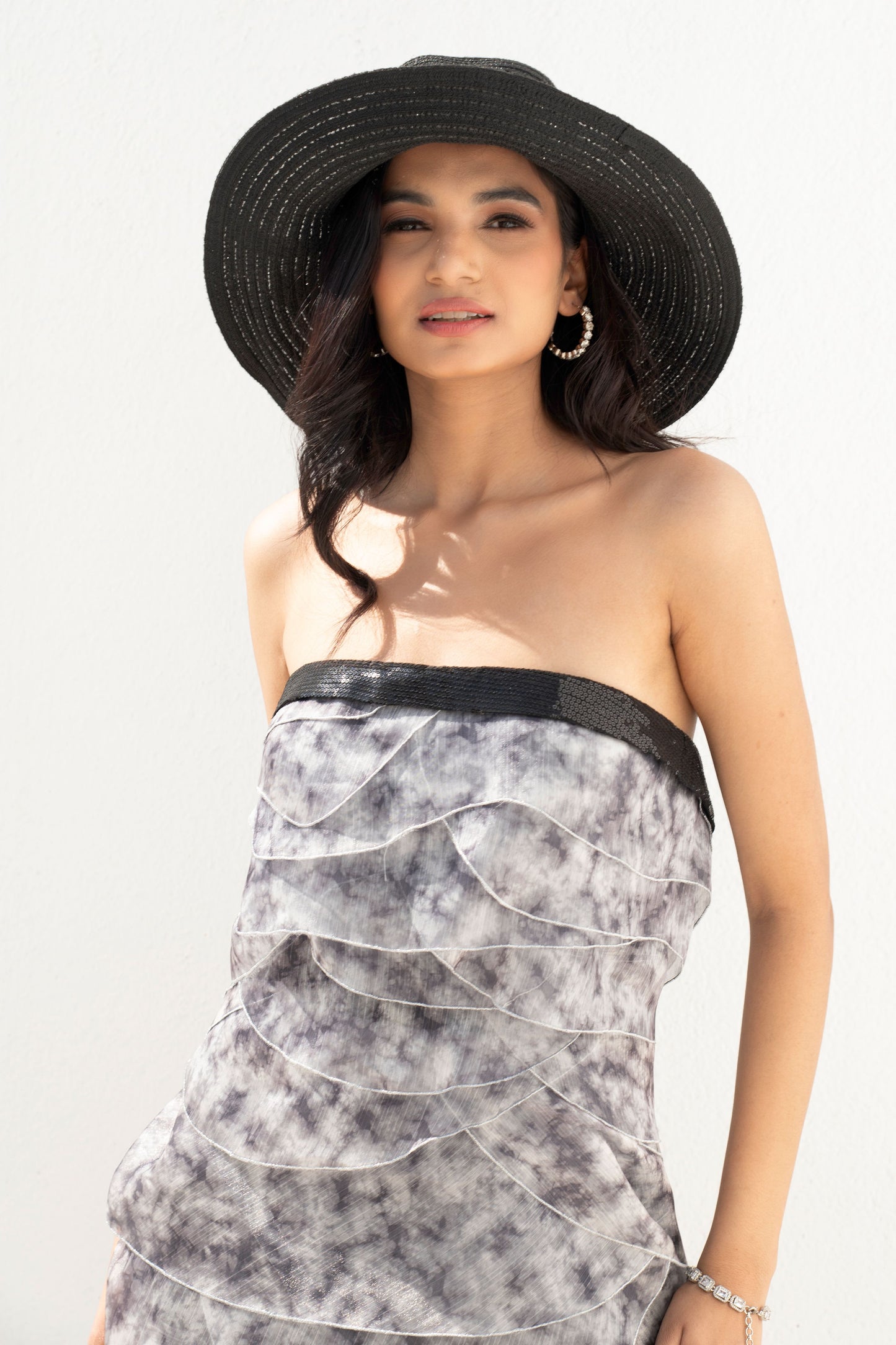 Tie dye black and white tiered dress