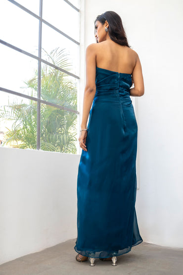 Teal draped evening gown