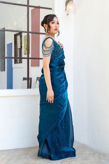 Teal embroidered Saree