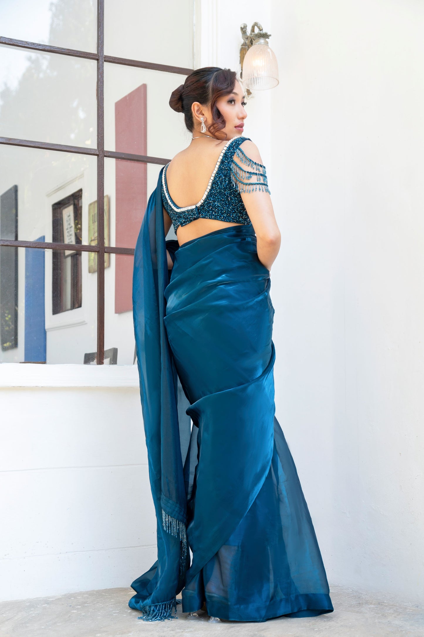 Teal embroidered Saree