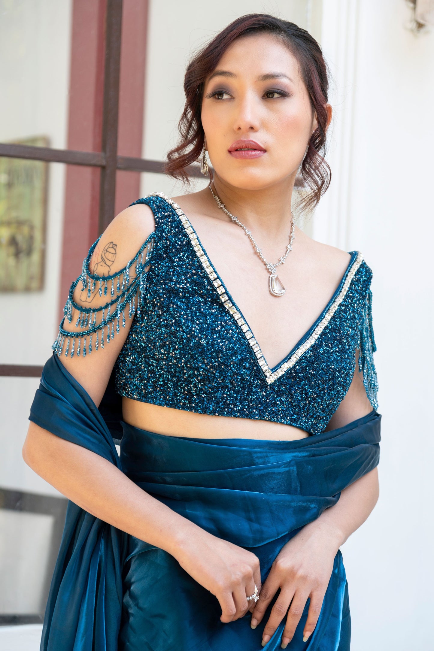 Teal embroidered Saree