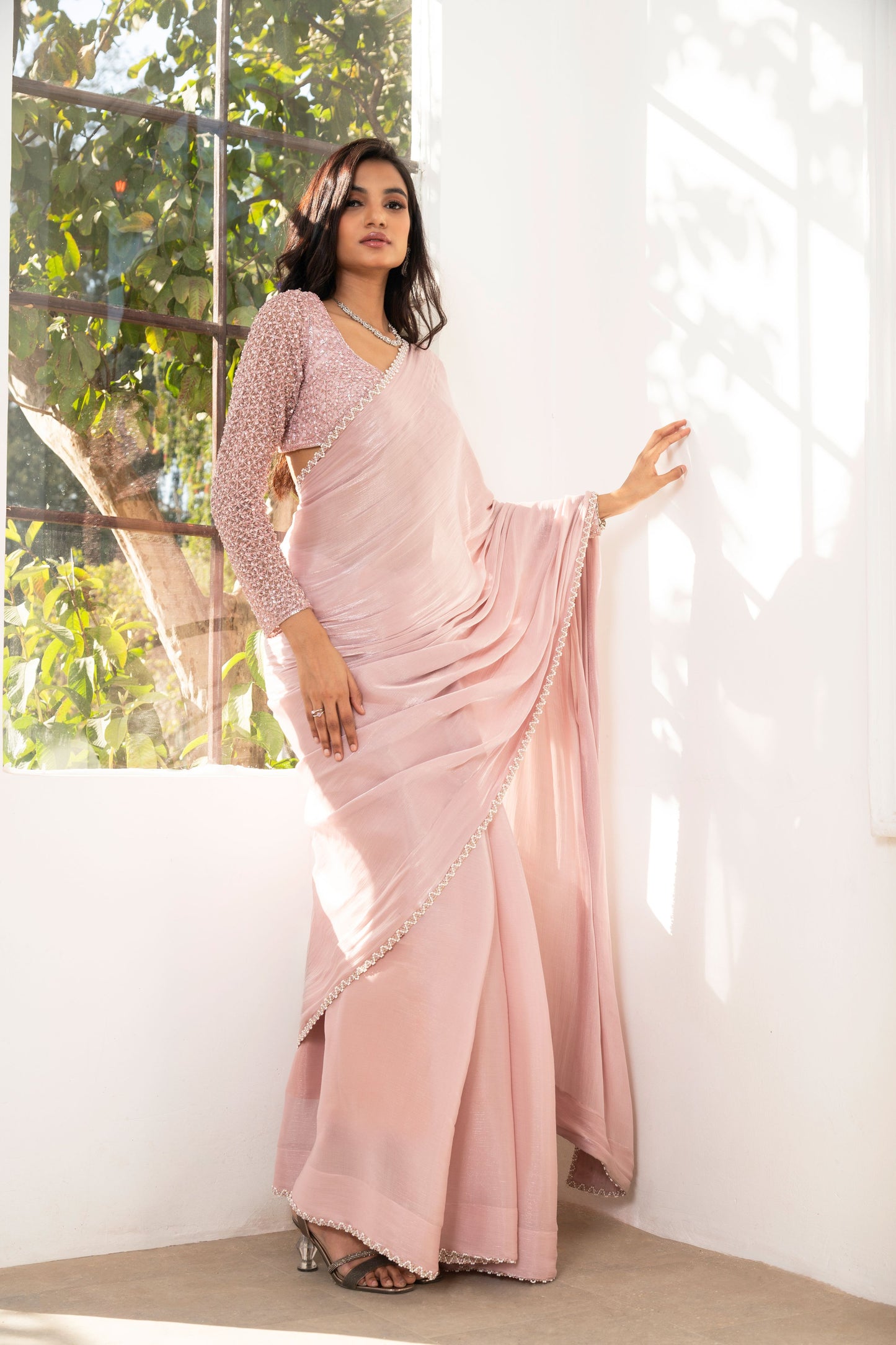 Pink embroidered saree