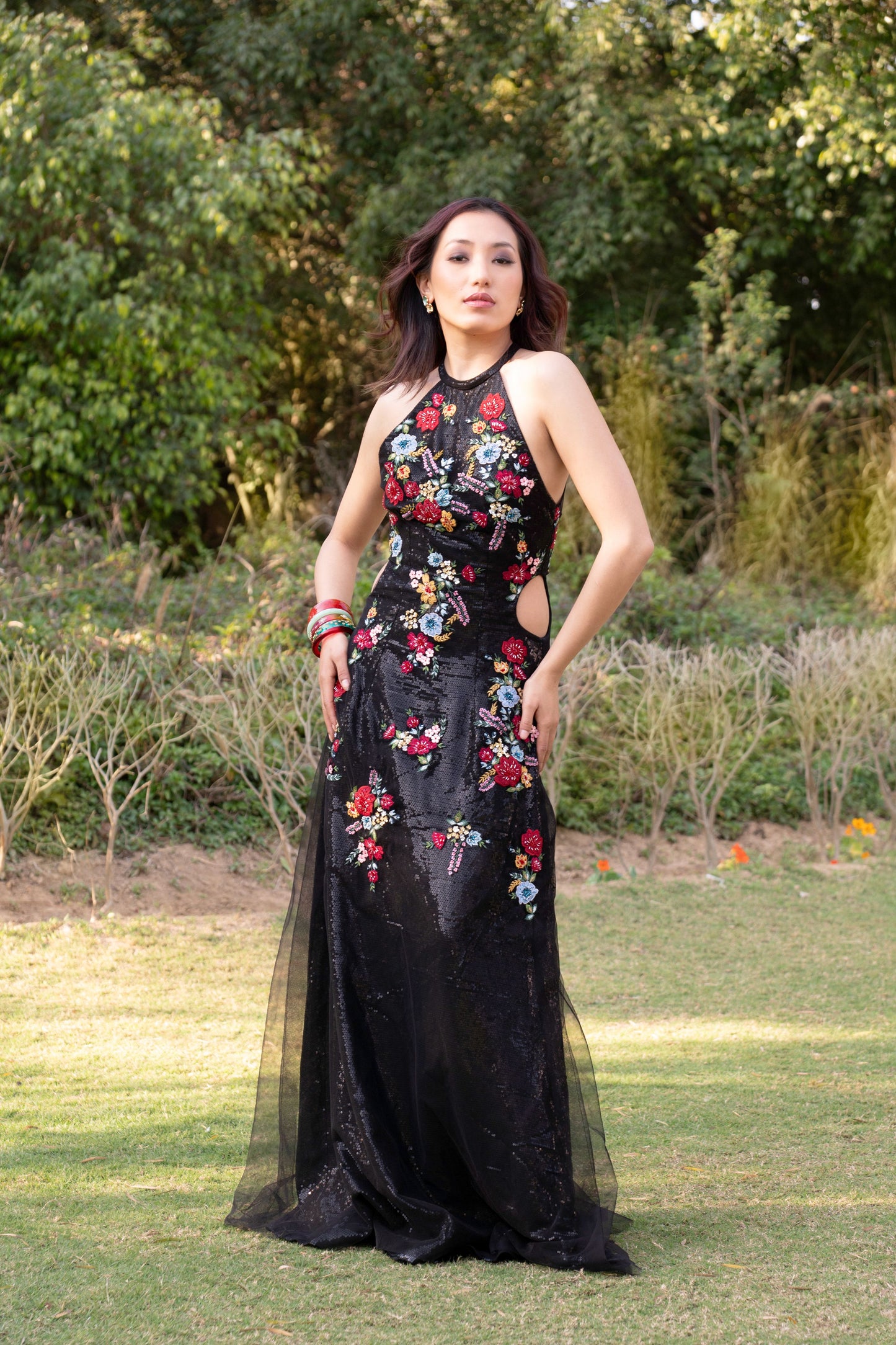 Black multicolored embroidered halter neck evening gown