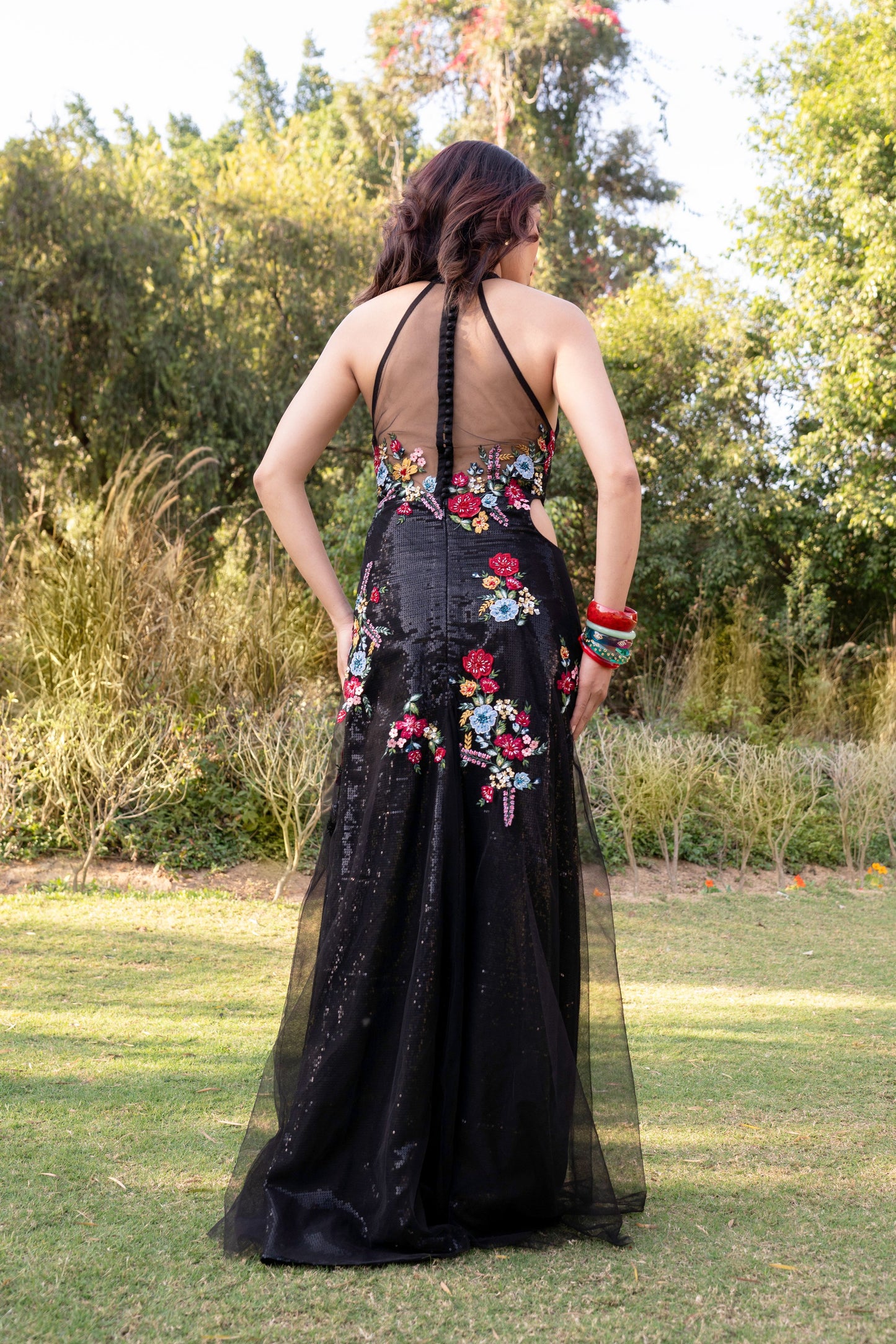 Black multicolored embroidered halter neck evening gown