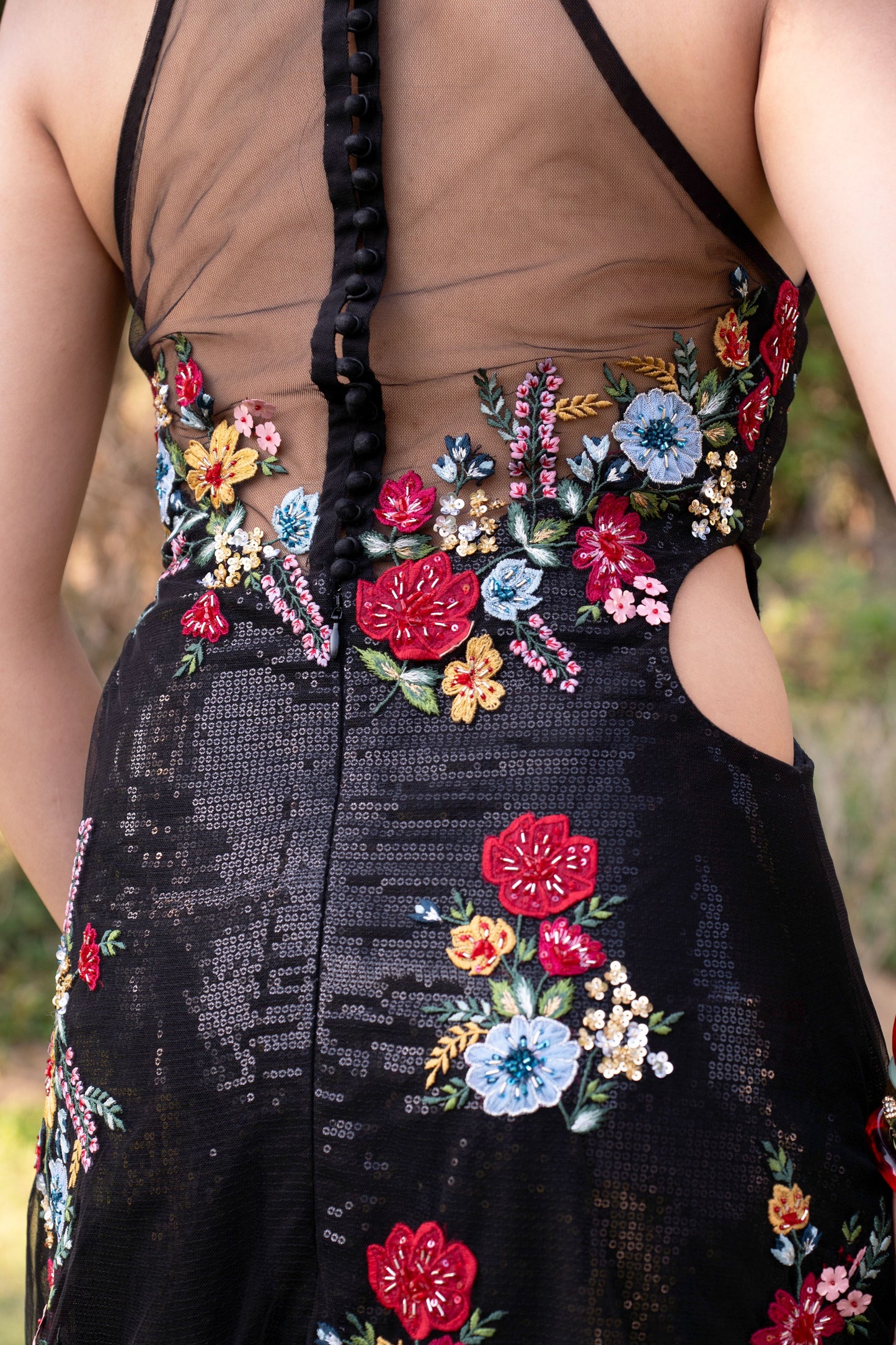 Black multicolored embroidered halter neck evening gown