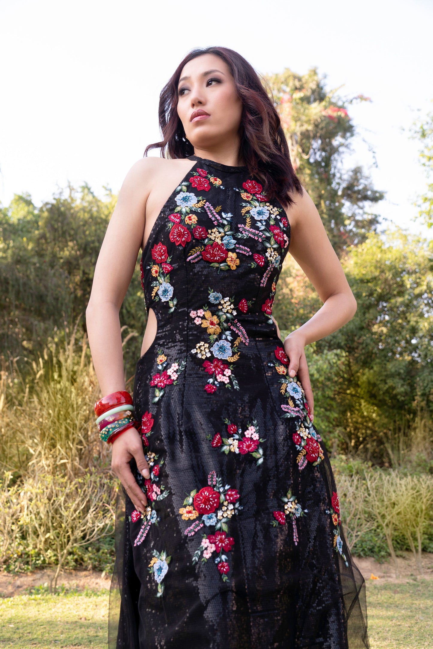 Black multicolored embroidered halter neck evening gown