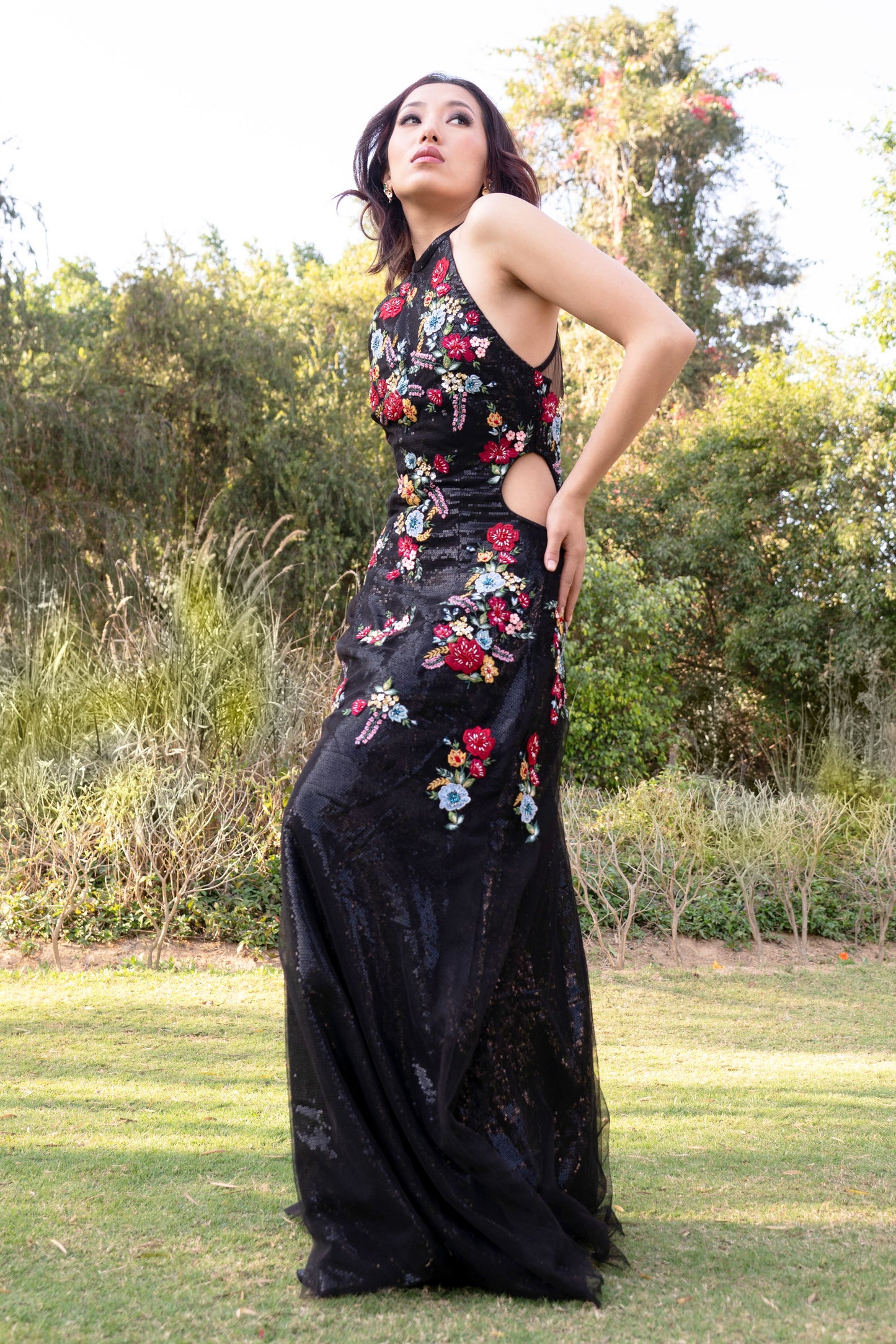 Black multicolored embroidered halter neck evening gown