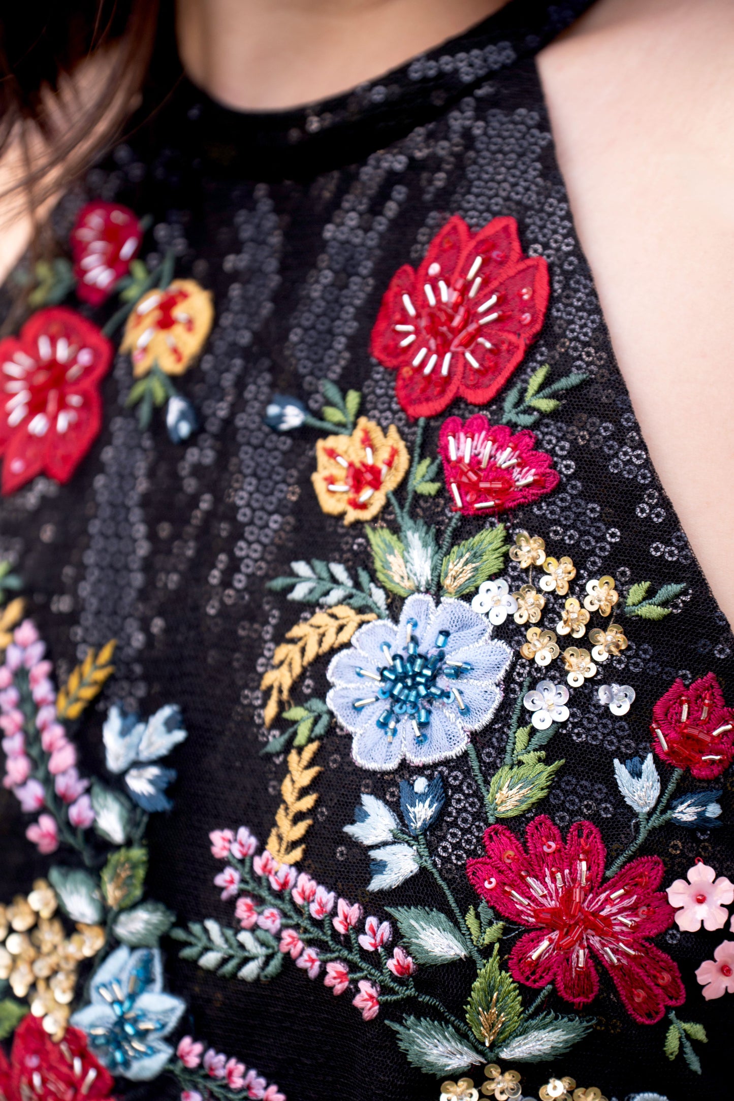 Black multicolored embroidered halter neck evening gown