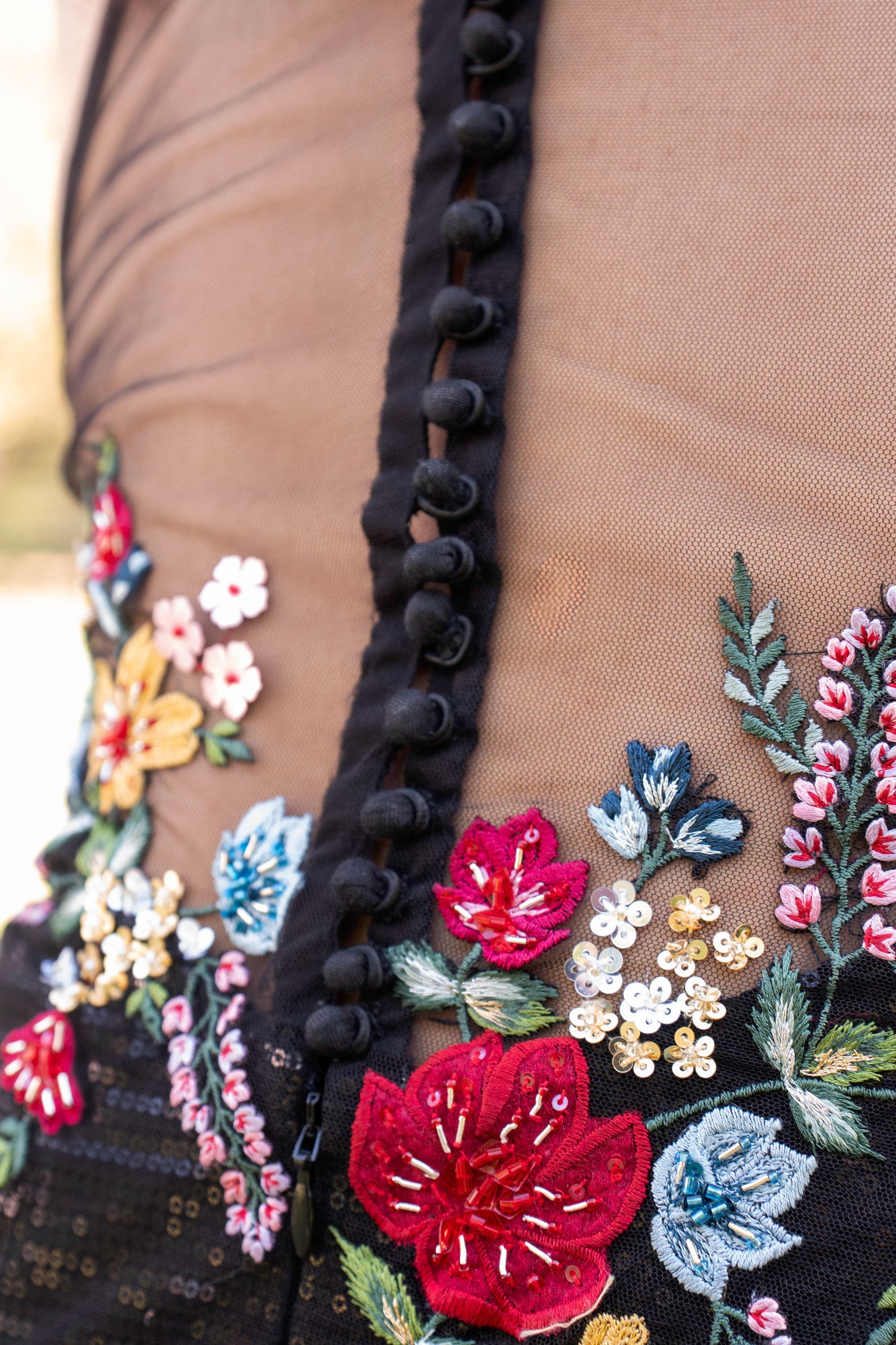 Black multicolored embroidered halter neck evening gown
