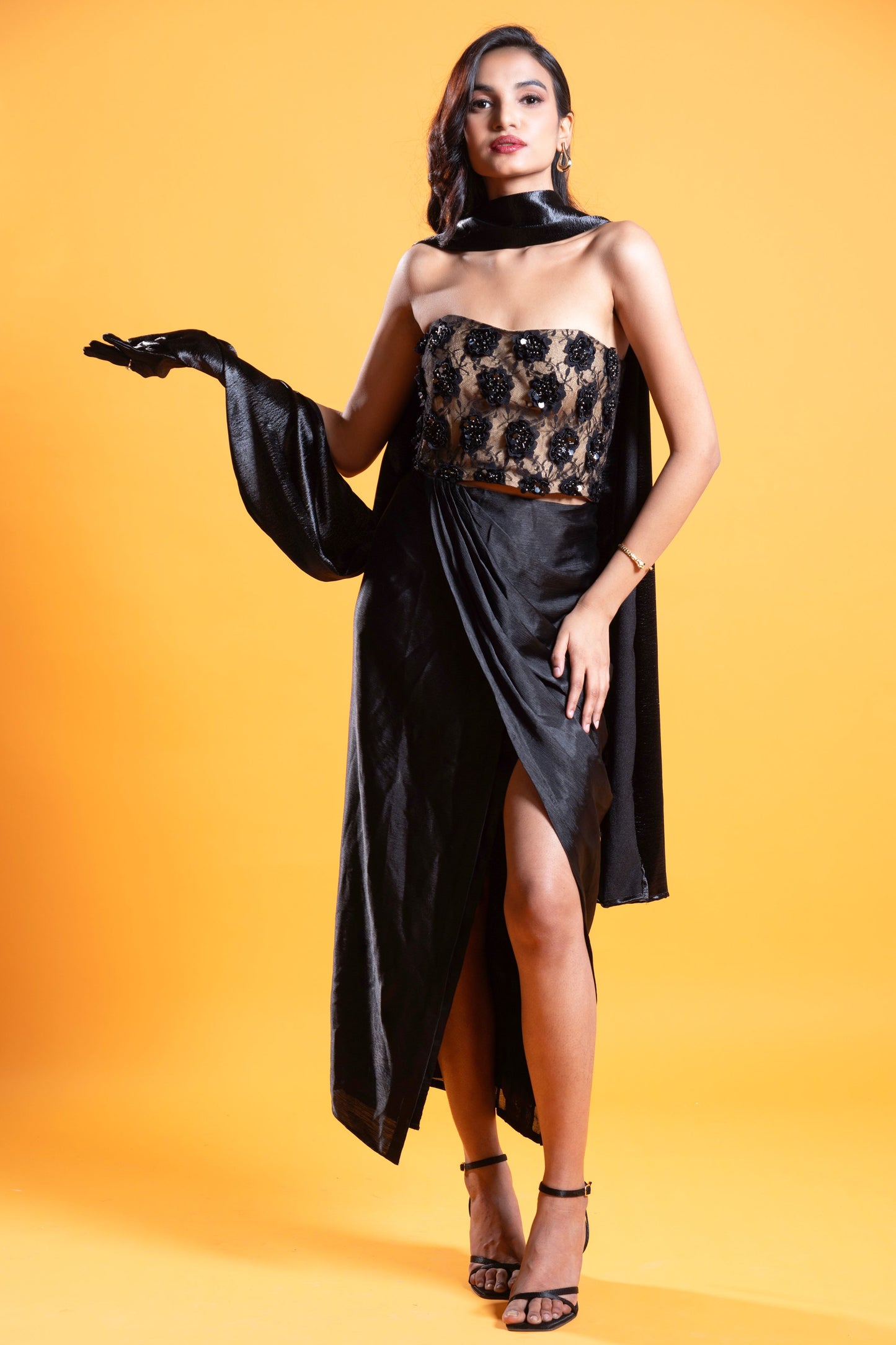 Black embroidered corset draped skirt