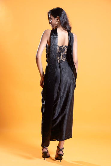 Black embroidered corset draped skirt