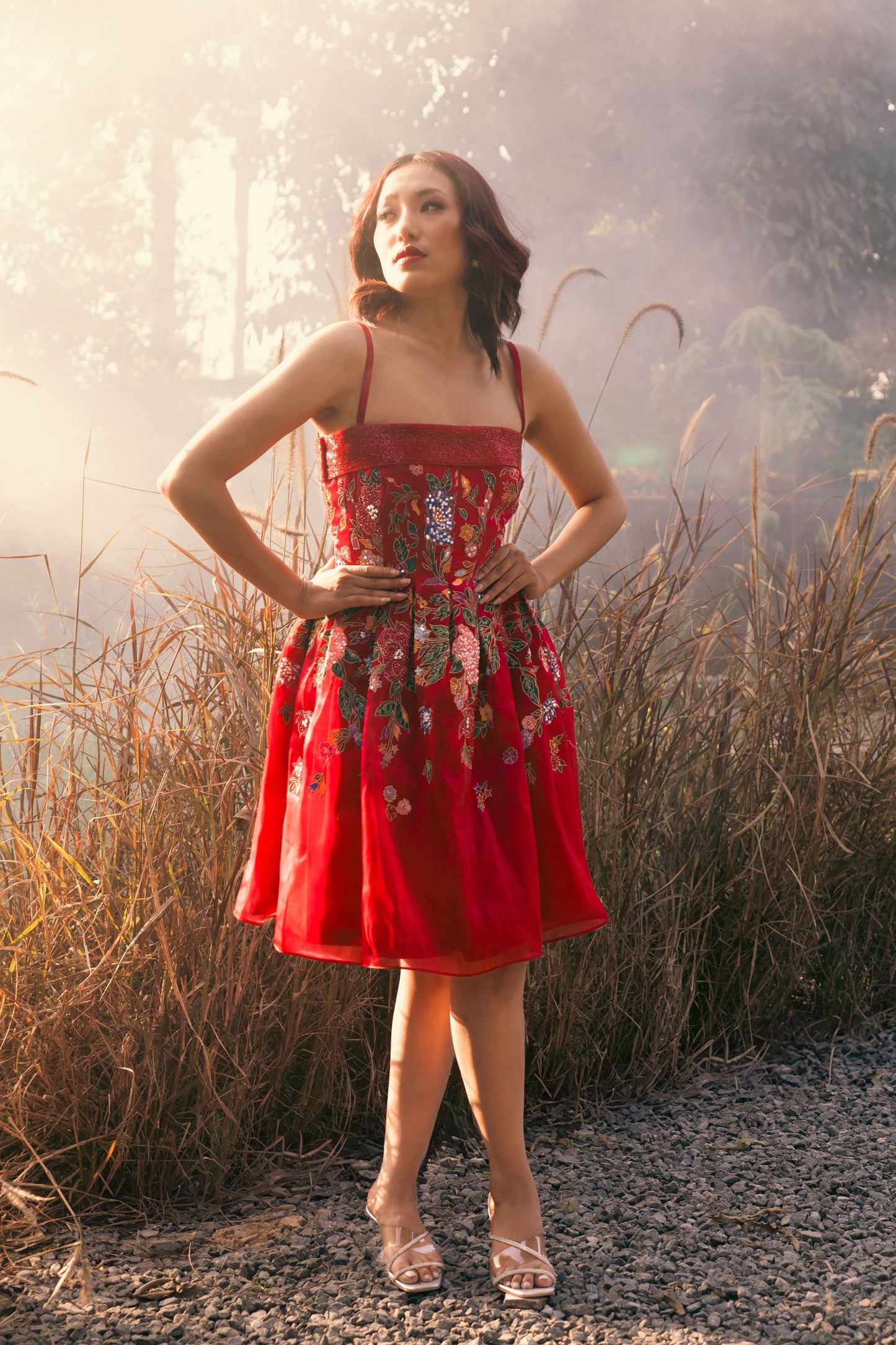 Red hand painted embroidered pleated short dress