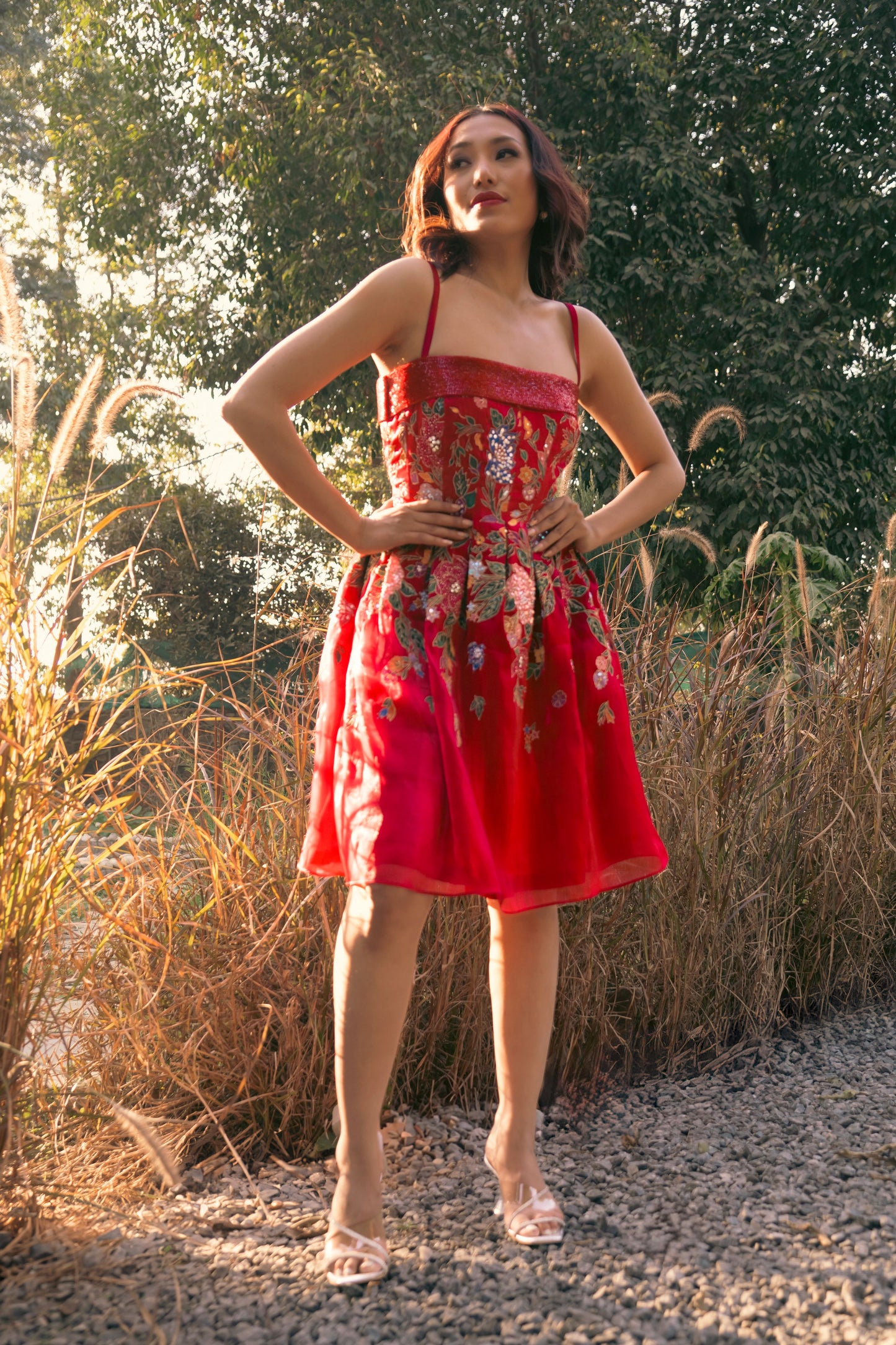 Red hand painted embroidered pleated short dress