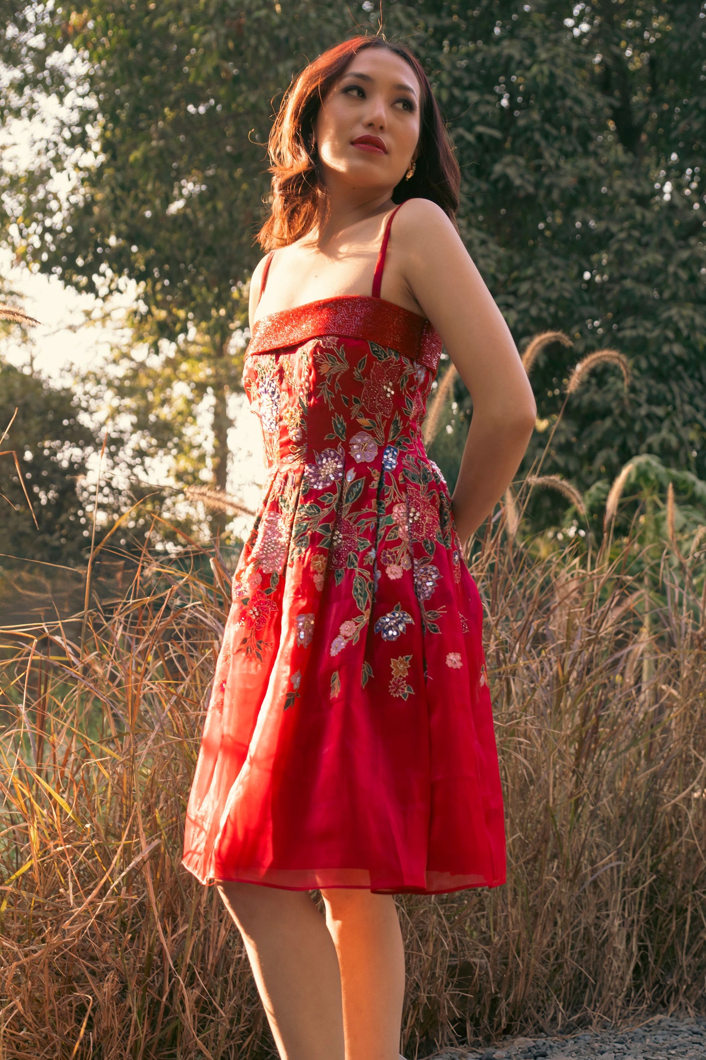 Red hand painted embroidered pleated short dress