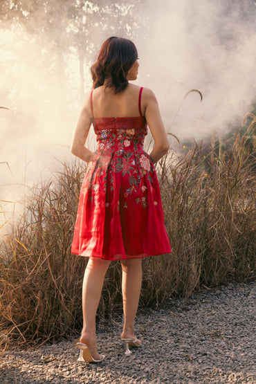Red hand painted embroidered pleated short dress