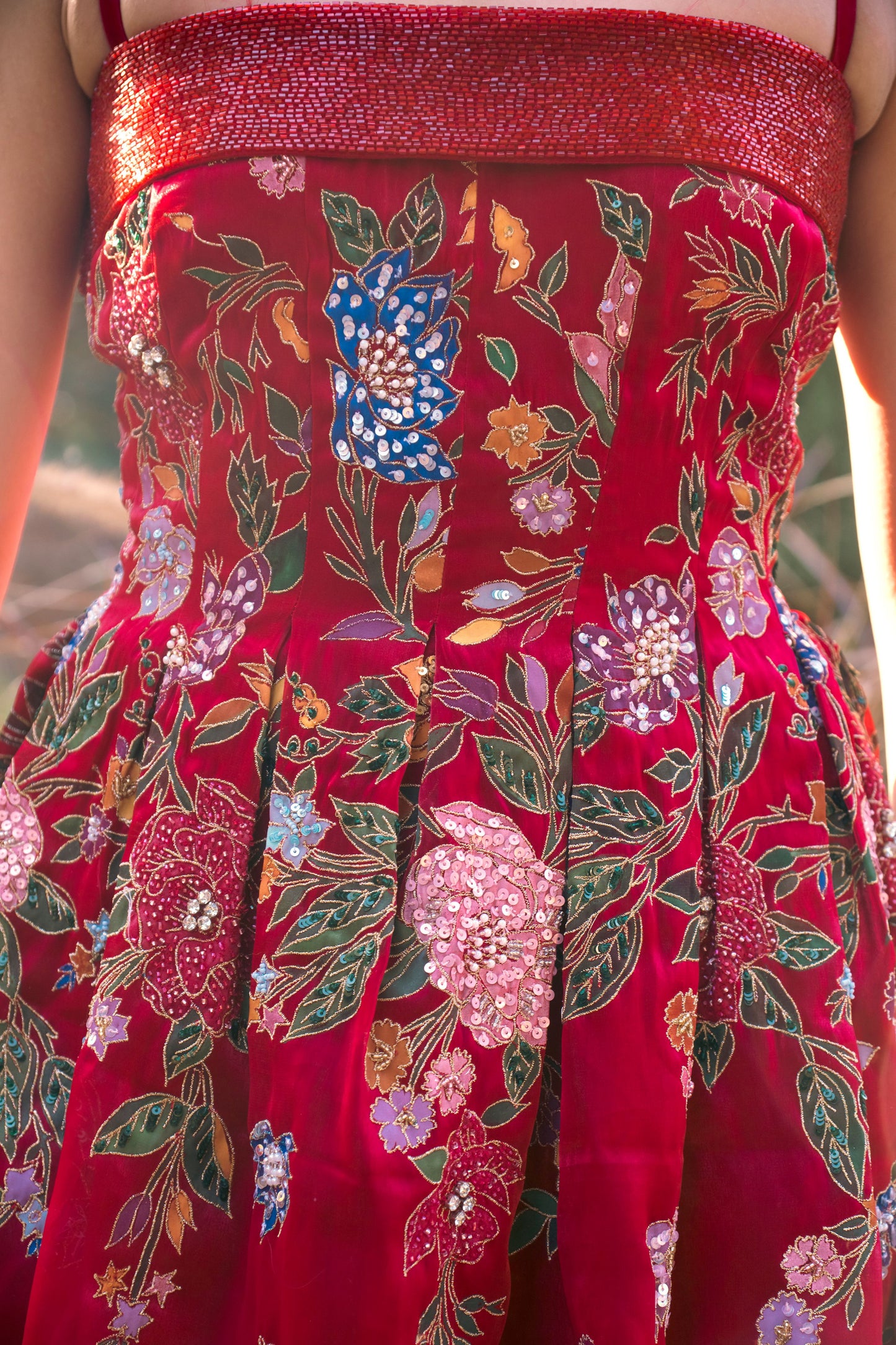 Red hand painted embroidered pleated short dress