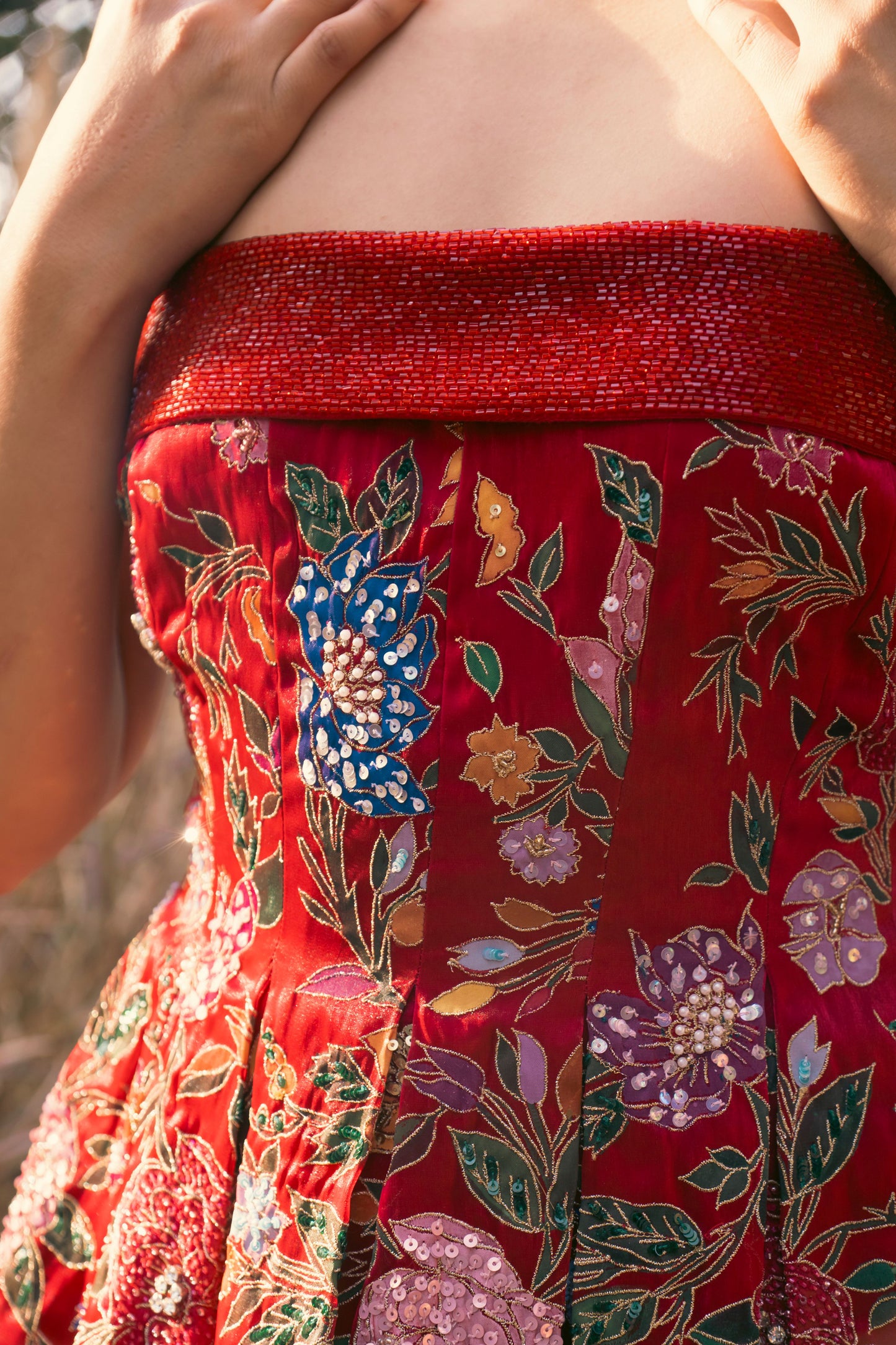 Red hand painted embroidered pleated short dress