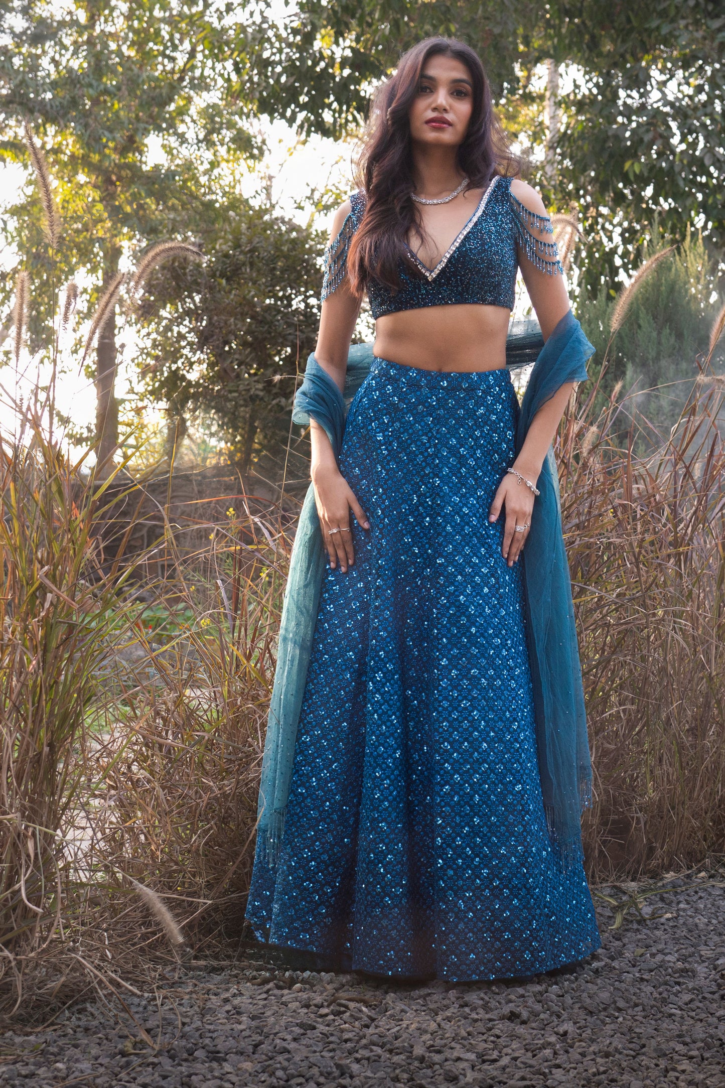 Teal embroidered lehenga set