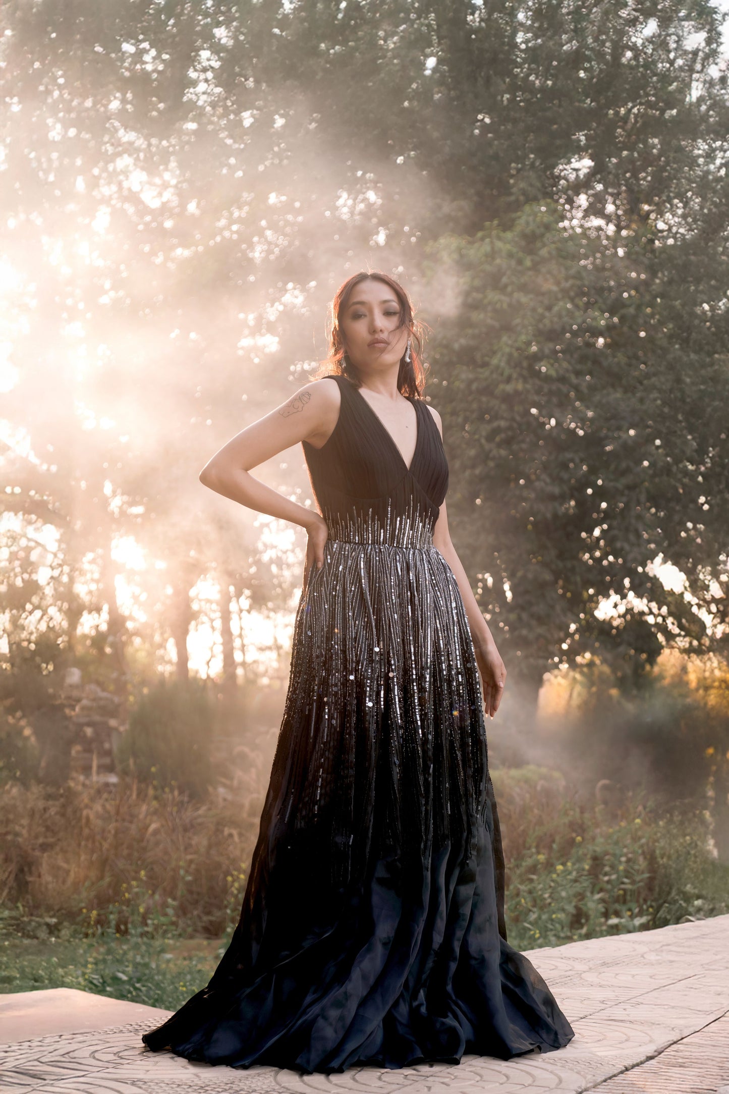 Black embroidered gown