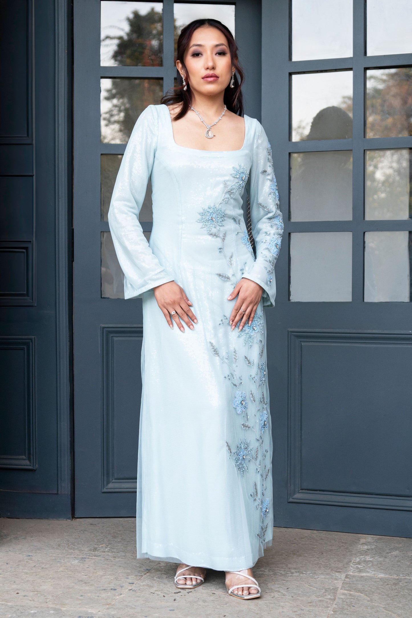 Light blue long embellished Dress