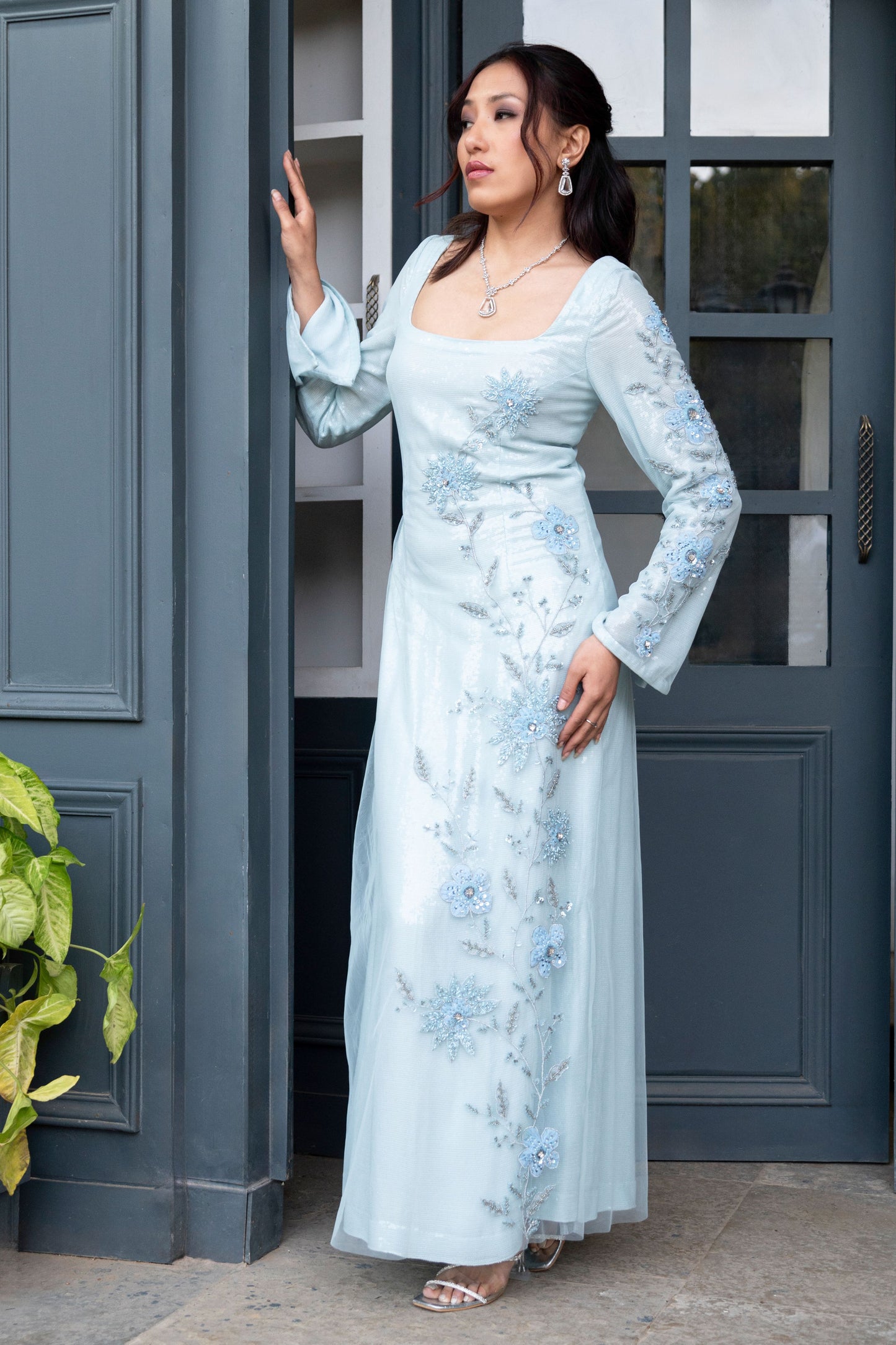Light blue long embellished Dress